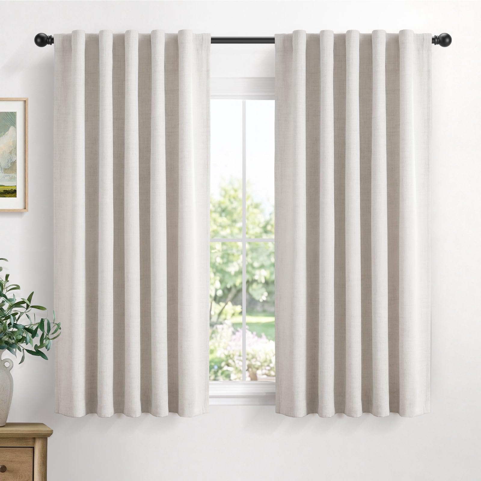 Linen Textured Total Blackout Curtains for Bedroom 45 Inches Long, Beige
