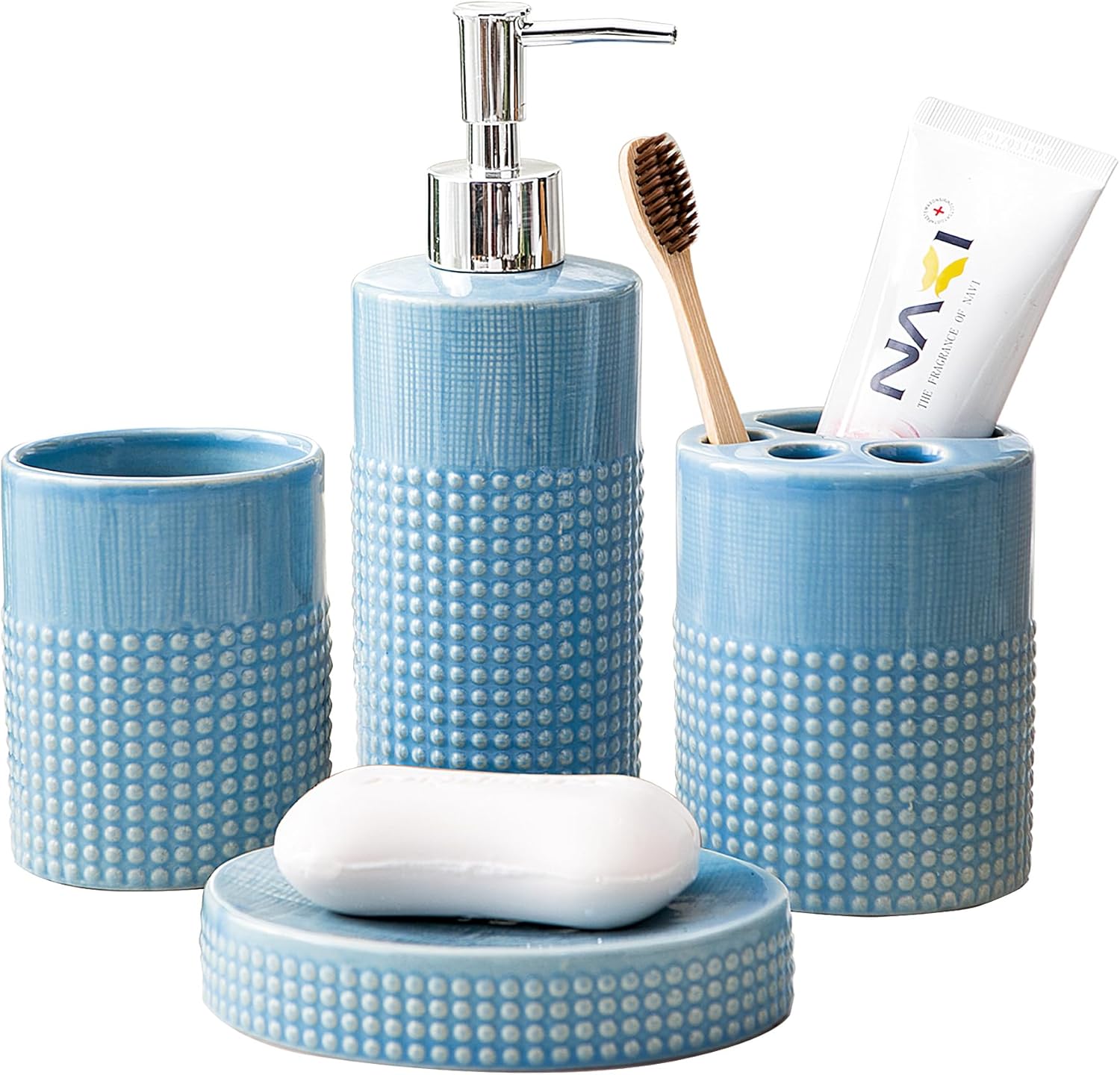 Amazon.com: Kendiis Bathroom Accessories Set - 4 Piece Blue Ceramic ...