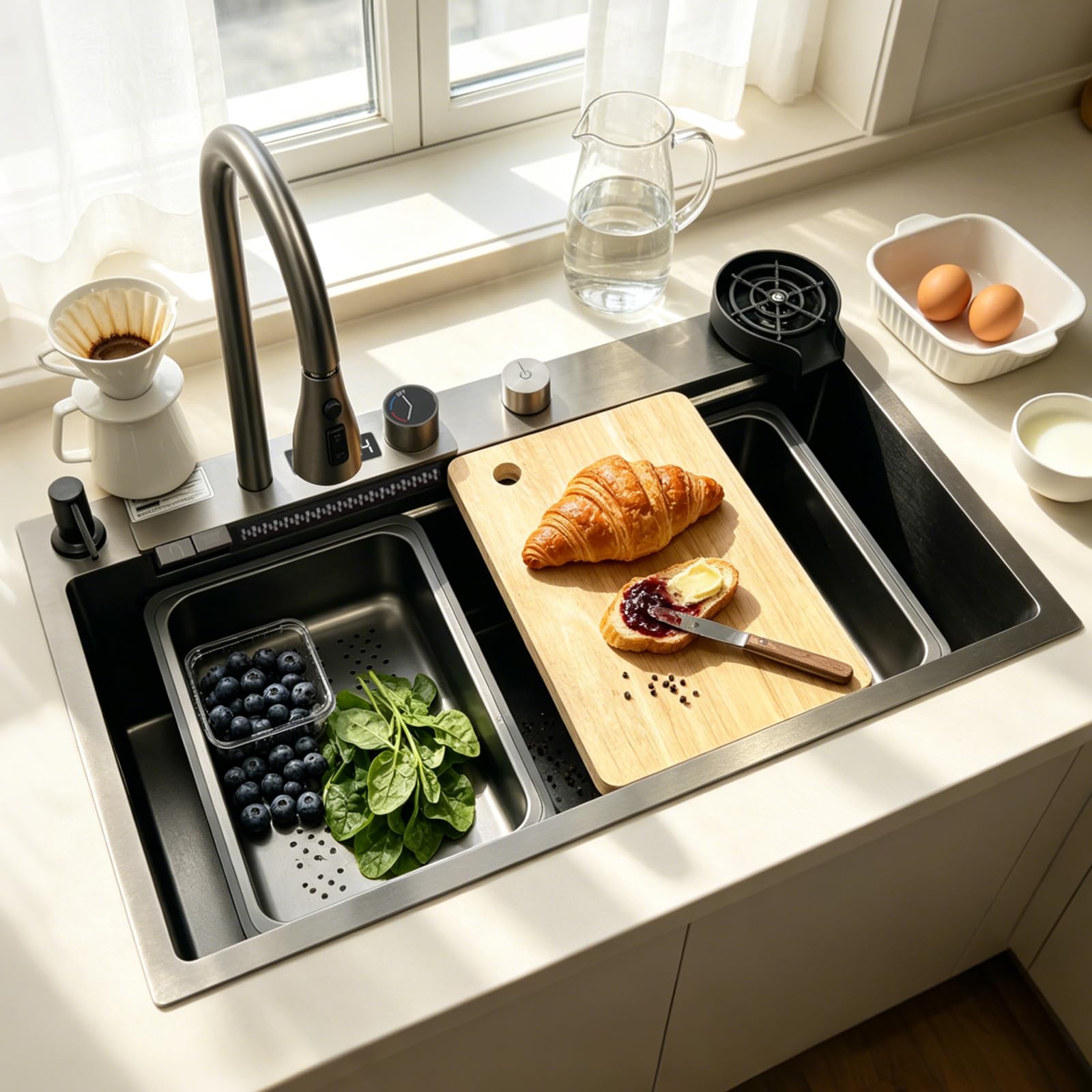KOOGIMDDR 68 x 45 cm Kitchen Sink, Stainless Steel, Rectangular, Waterfall Sink Drainage Left, Kitchen Sink with Tap Hole and Overflow, Siphon, Multifunctional Bar Sink, Kitchen Workstation
