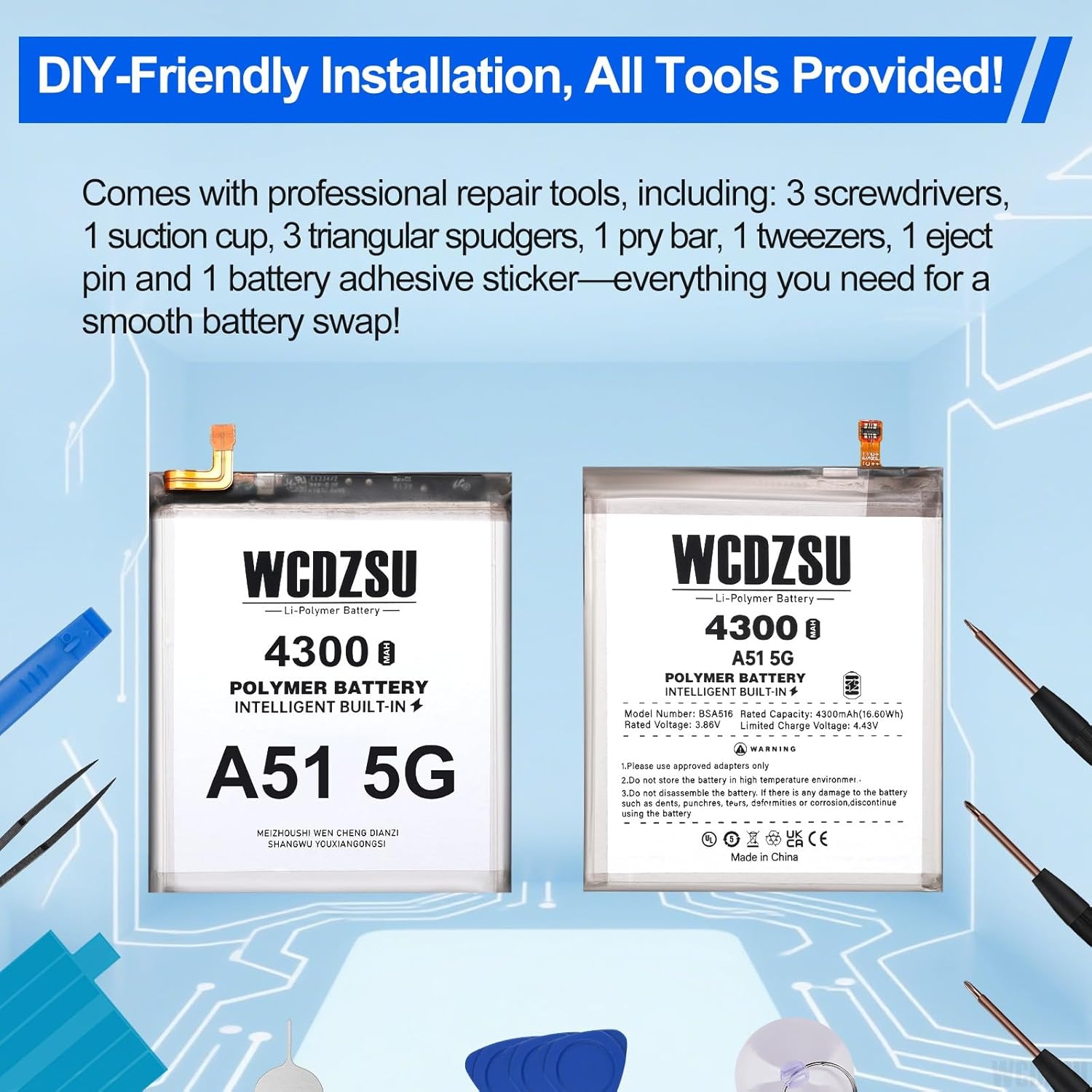 Replacement Battery for Samsung Galaxy A51 5G 4300mAh High Capacity New 0 Cycle Lithium Polymer for Galaxy A51 5G Battery with Full Tool Kit Model: SM-A516U SM-A516B SM-A516N SM-A516V