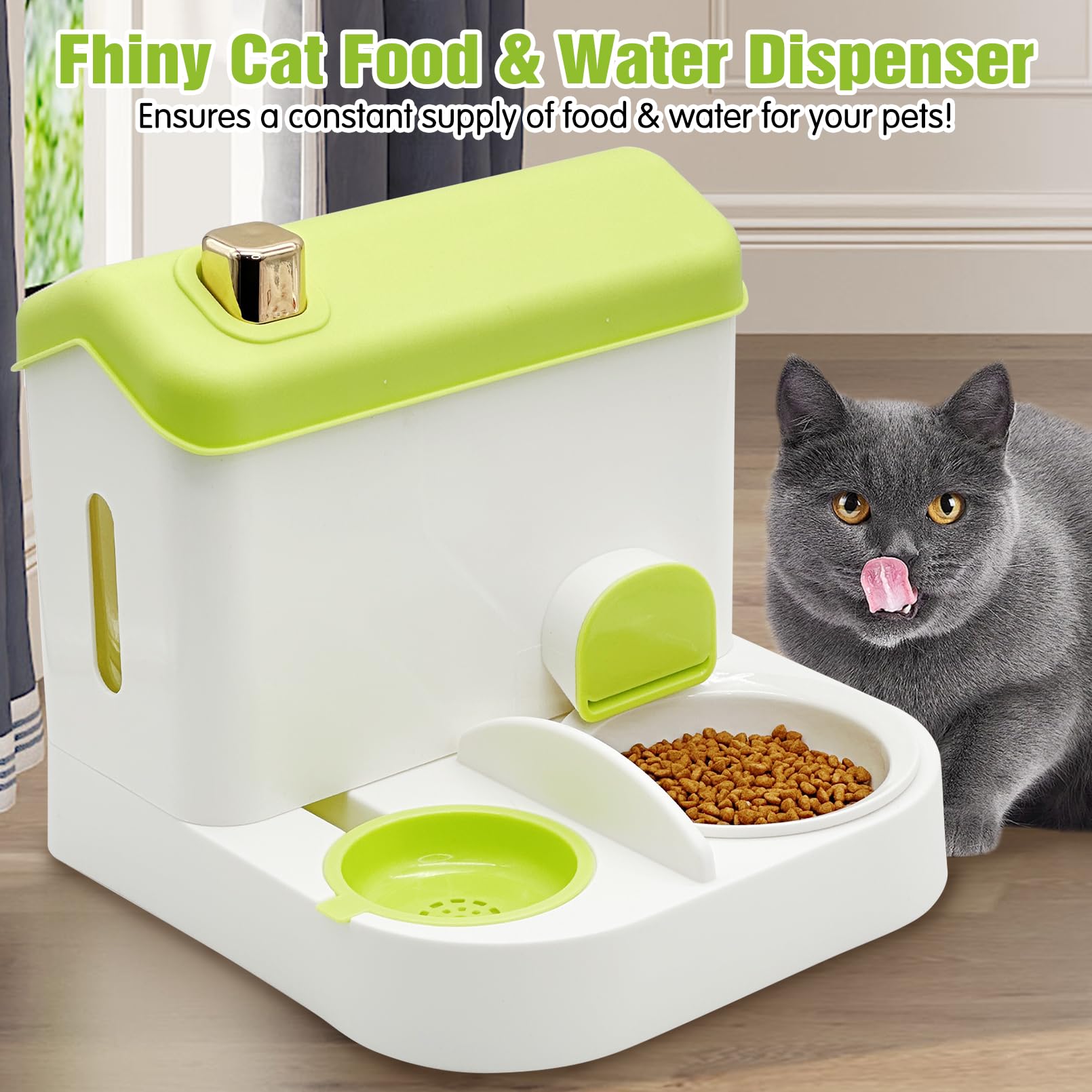 Fhiny Gravity Cat Feeder and Water Dispenser, 2 in 1 Automatic Pet Waterer Detachable Stainless Steel Food Bowls Set Pet Food Storage for Small Dog Puppy Cat Kitten Pet Easy Clean (Grey)