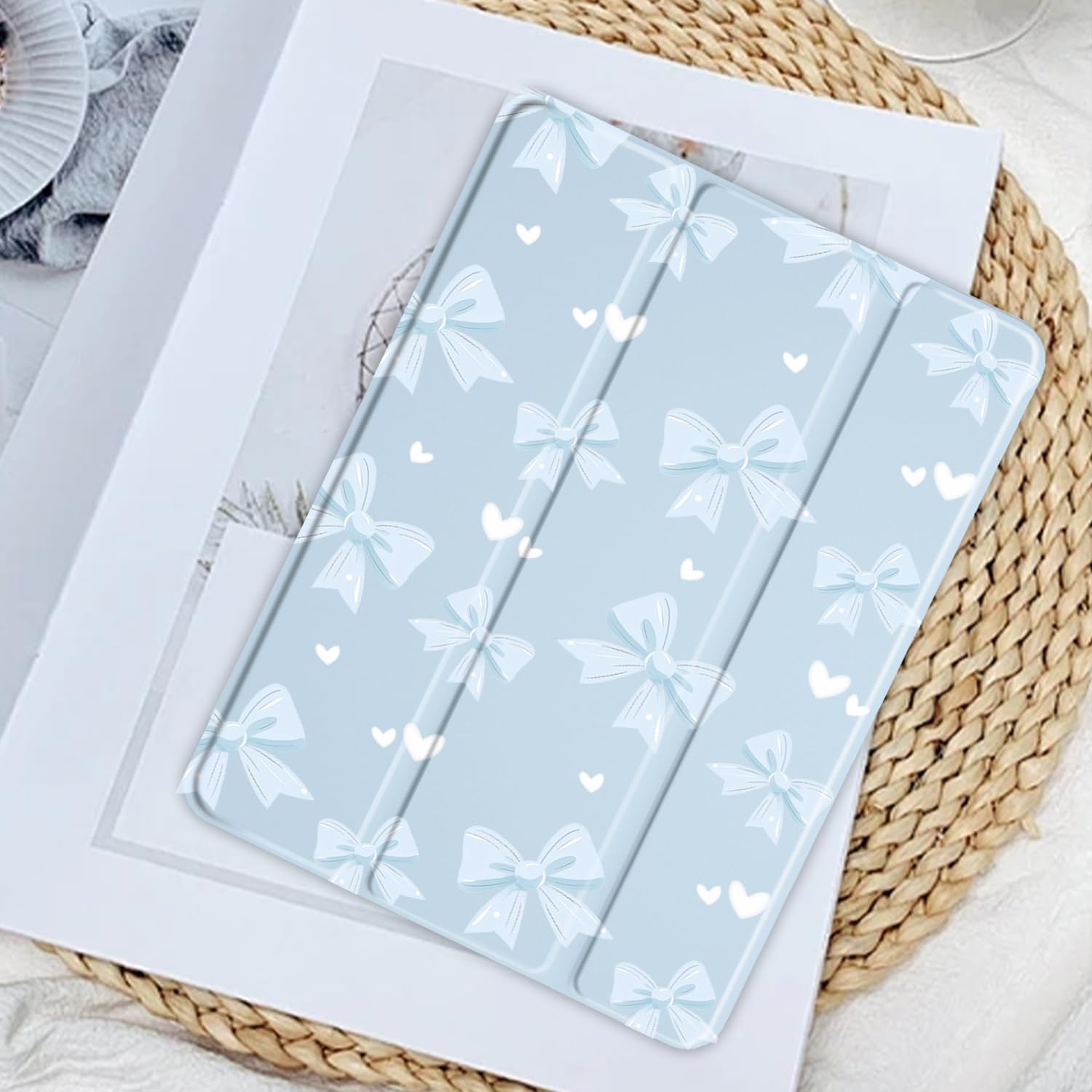 Case for iPad Air 13-inch (M3) 2025/ (M2) 2024,Cute Ice Blue Bow Clear Acrylic Hard Back Hybrid Case,with Pencil Holder Trifold Stand Tablet Cover for Girls Women