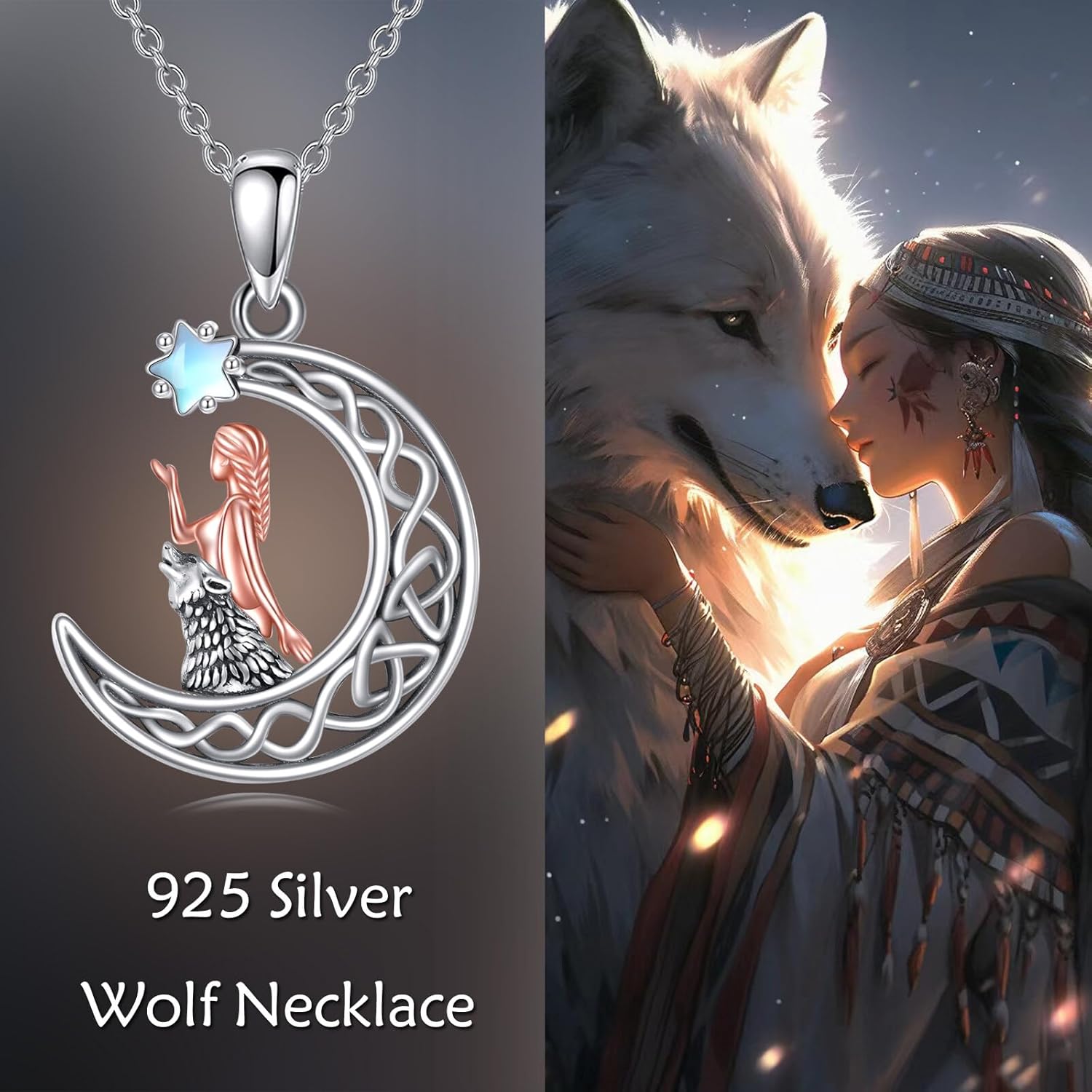 Wolf and Women Necklace 925 Sterling Silver Heart Moonstone Pendant Jewelry Gift for Women Mom Daughter - Image 6