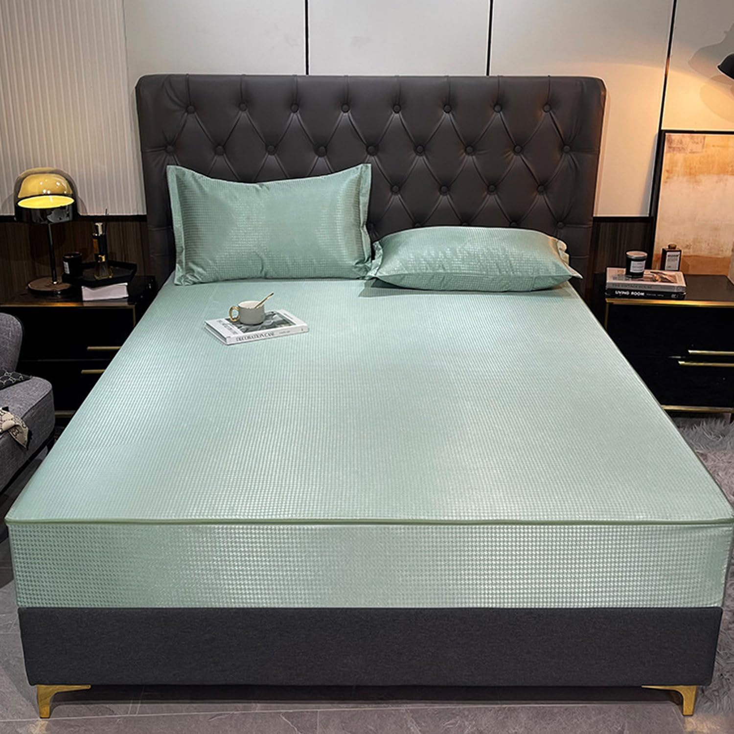 Queen Size Cooling Mattress Protector Pad Bed Cover Breathable Soft Mattress Pad Cover Ice Silk Jacquard Fabric Fitted Sheet Zipper Style 6-Sided Wrapped Mattress Topper,Green,47x79inch