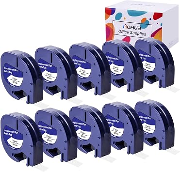 Hehua 91330 10697 إعادة تعبئة شريط صانع الملصقات 10PK، متوافق مع إعادة تعبئة Dymo 12 مم x 4 م 1/2 x 13 أسود على ورق أبيض يعمل مع Letra Tag Label Maker LT-100H 100T 110T 200B QX50 XM 2000