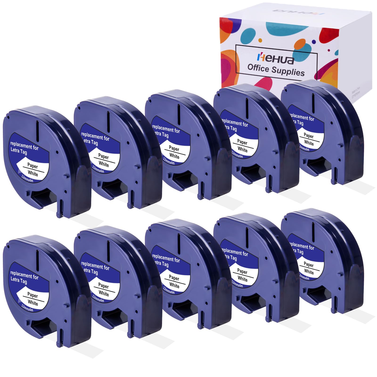 Hehua 91330 10697 Label Maker Tape Refill 10PK, Compatible with Dymo Refills 12mm x 4m 1/2 x 13 Black on White Paper Work with Letra Tag Label Maker