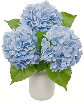 3 Pcs Real Touch Light Blue Hydrangea Artificial Flowers - Large 3D Waterproof Latex White Blue Faux Fake Hydrangeas with Stem for Outdoor, Wedding, Table Centerpieces, Home Kitchen Decor