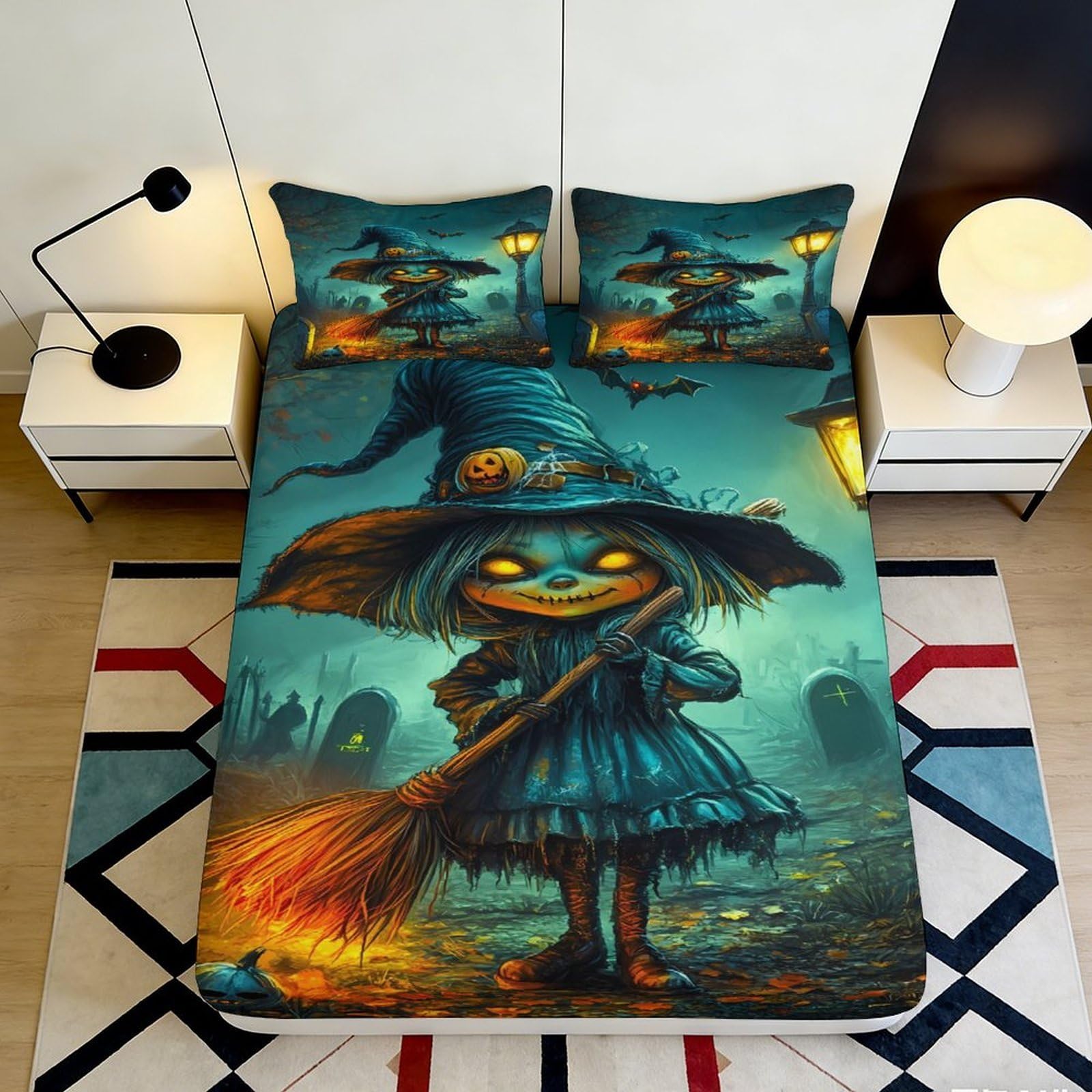 Jqzkxnhpbr Style-2 3D Printed Witch Halloween Fitted Sheet Microfiber Soft Pumpkin Bed Cover For Bedroom Dorm Decorative Mattress Protection 90X200x25cm