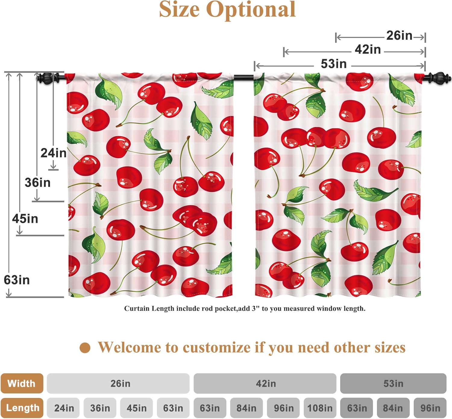 Renaiss 26 x 36 Inch Fruit Cherry Bathroom Tier Curtains Kitchen Small Window Pink Plaid Check Window Treatment Fruit Theme Cafeteria Dining Room Decor Curtain Rod Pocket Window Drapes Linen 2 Panels