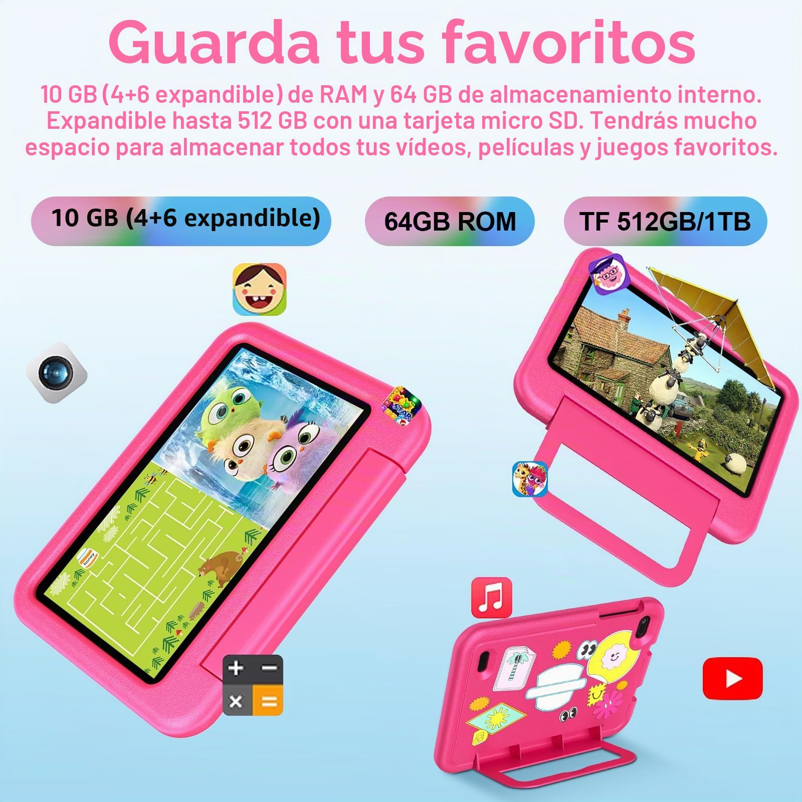 Niños Tablet 7 Pulgadas Android AI, 10GB RAM + 64GB ROM (TF 1TB), WiFi 6, Bluetooth 5.0, 8-Core, 3500mAh, Control Parental, Dual Cámara, GMS, Tabletas para Niños con Funda EVA - Rosa