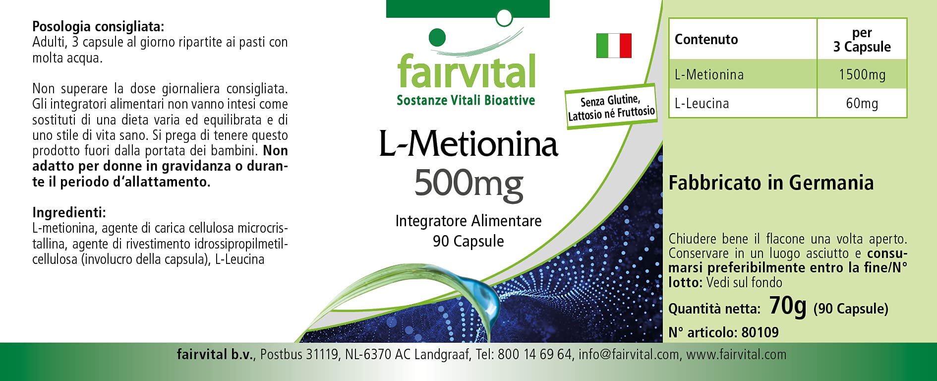 fairvital L-metionina 500 mg, 90 capsule, ALTO DOSAGGIO, VEGANO, aminoacido
