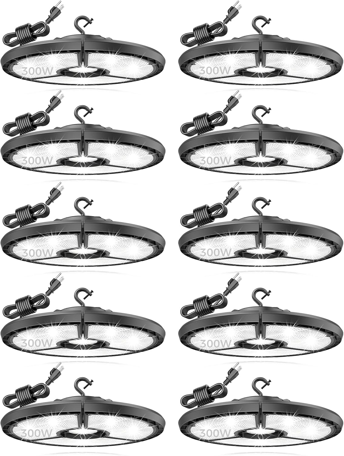 High Bay LED Shop Lights, 300W 48,000LM UFO LED High Bay Light with US Plug 6FT, IP65 Waterproof UFO Light for Workshop Stadium Garage Lighting – 6000K Daylight 10 Pack