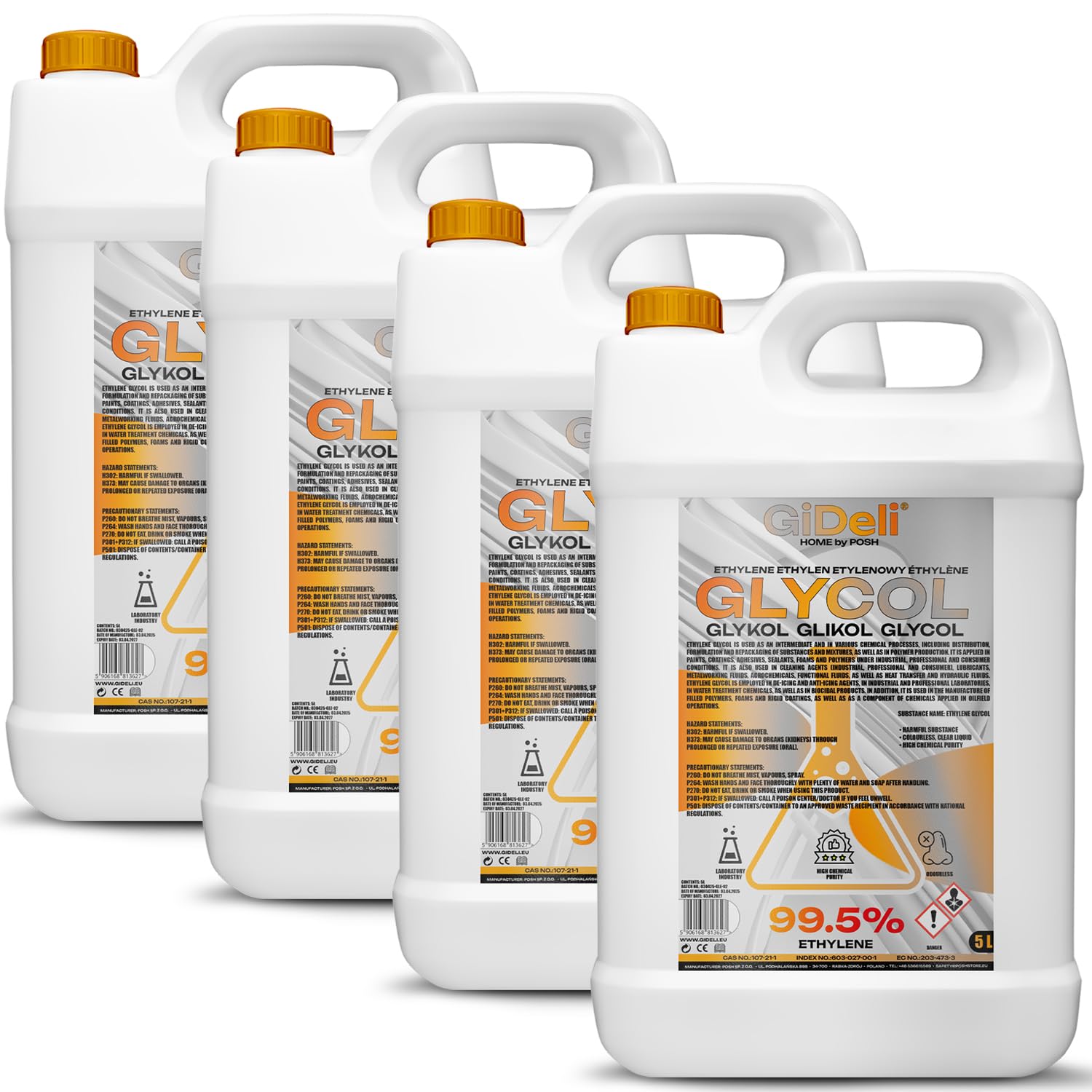 GiDeli Ethylenglykol 99,5% Hochrein 4x5L - Monoethylenglykol Konzentrat für Kühlerfrostschutz, Wärmeträger & Solarflüssigkeit - Industrie, Labor & Werkstatt - Hergestellt in der EU
