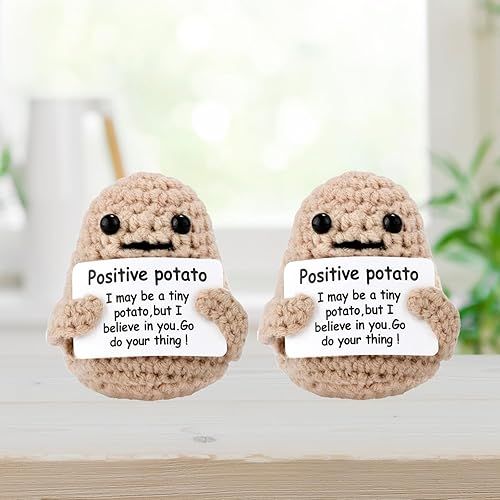 Miniatura 1 de Tekalobr 2 mini divertidas papas positivas, 3 pulgadas, linda muñeca de patata de ganchillo con tarjeta positiva, papa de punto creativa, papa