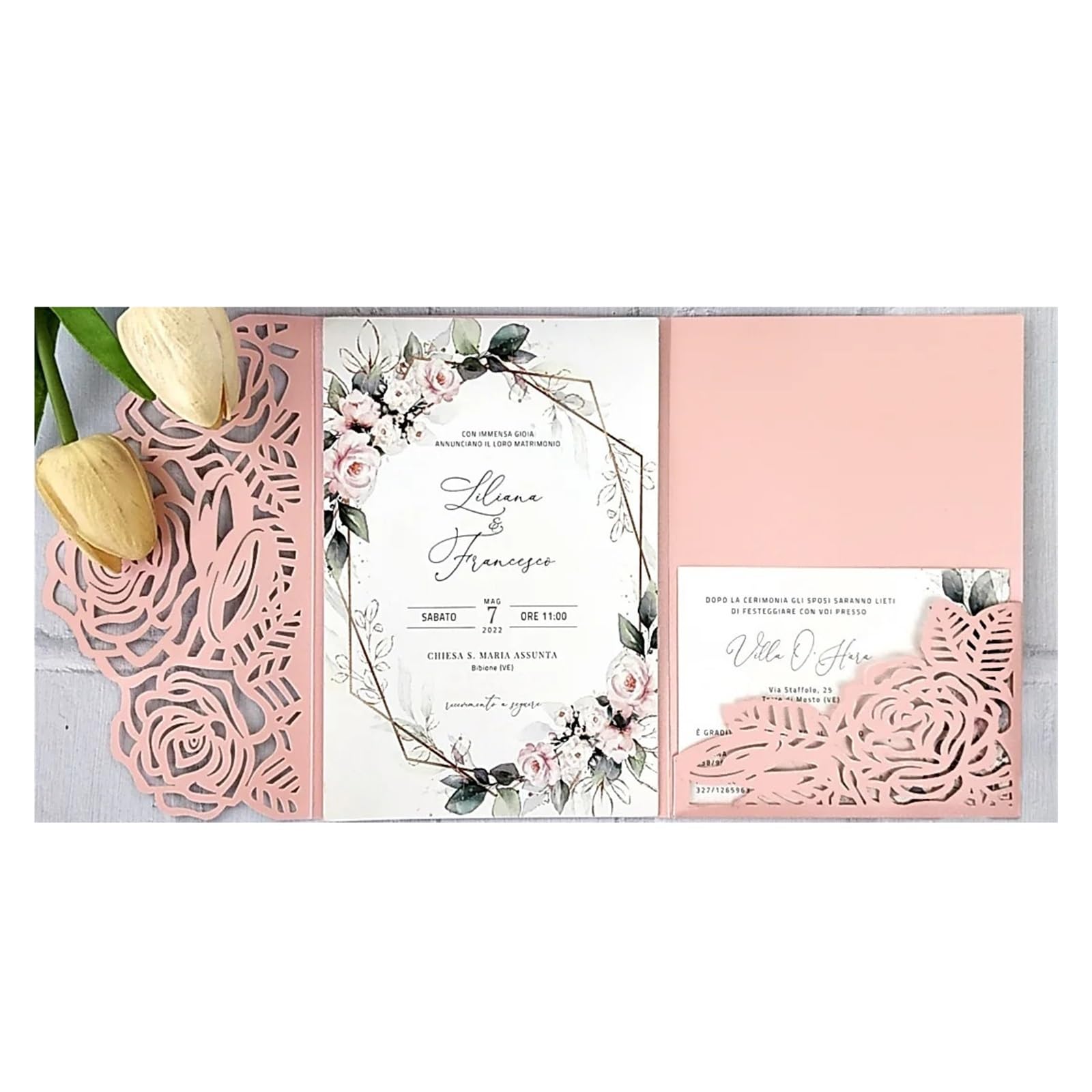 Zestaw zaproszeń ślubnych, Zestaw 10 wielokolorowych zaproszeń ślubnych DIY do druku w trzech składanych kwiatach(Pink,Whole set)