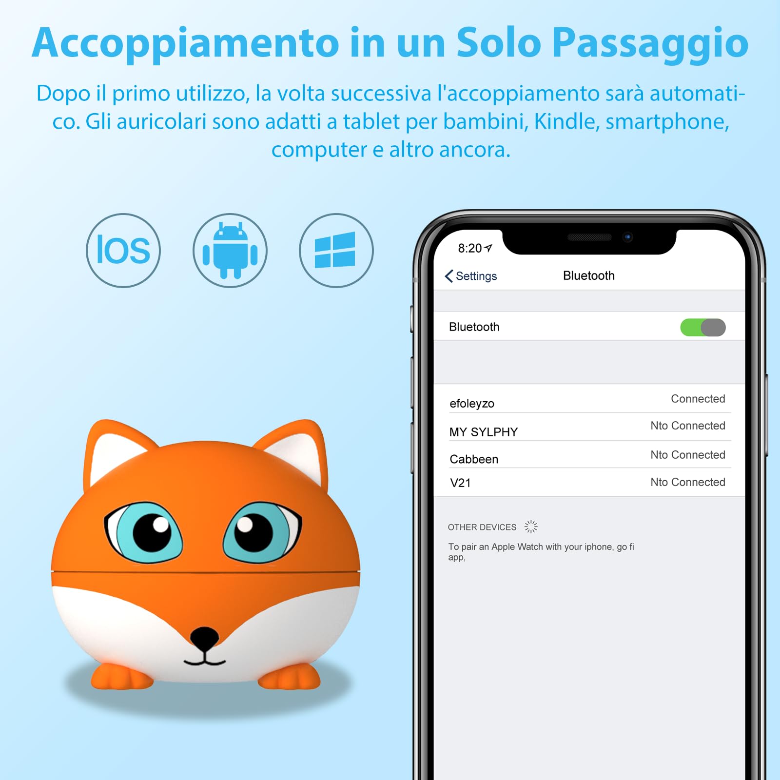 Cuffie Bluetooth Bambina, Auricolari Wireless Bluetooth Bambini, Limite di volume a 85 dB, Cuffie Bluetooth Bambini con 30 Ore di Riproduzione, Cuffie per Bambini con Microfono, Controlli Touch, Fox