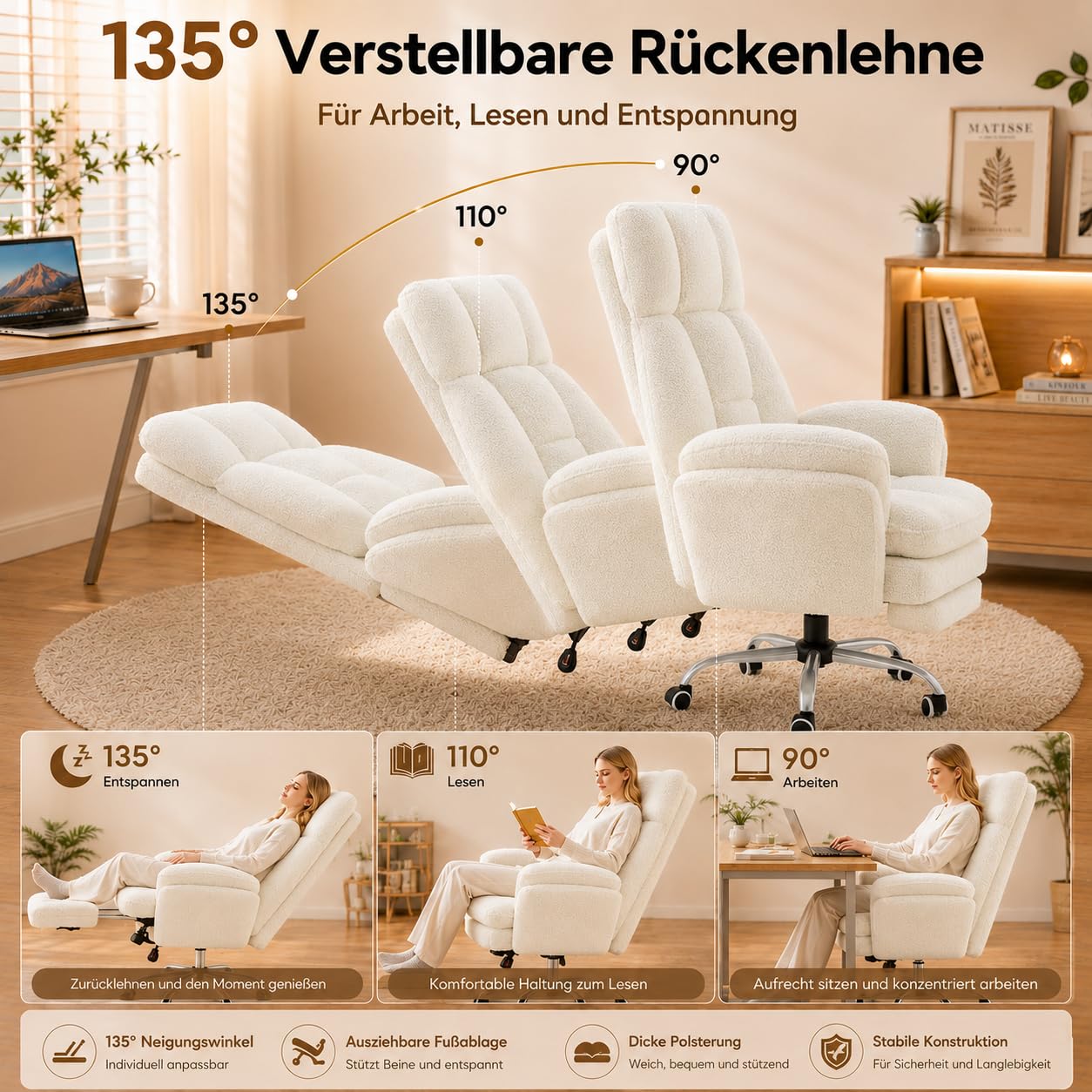 HOMRELEXA Bürostuhl mit Fußstütze, Teddy-Stoff Sessel für Home Office, 135° Verstellbare Rückenlehne, Extra Breiter Sitz für Schneidersitz, Drehstuhl zum Arbeiten, Lesen und Entspannen, Weiß