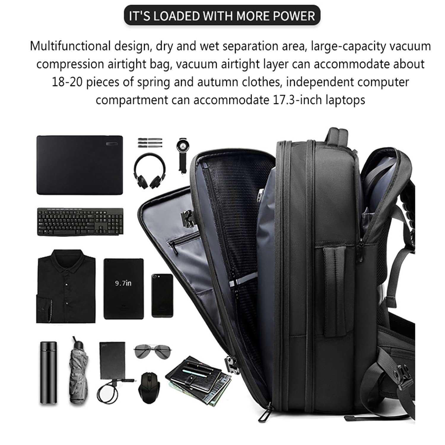 TNELTUEB Zaino Da Viaggio 60L Con Sistema Di Compressione Sottovuoto, Tasca Portatile, Impermeabile, Per Laptop E Abbigliamento - 2