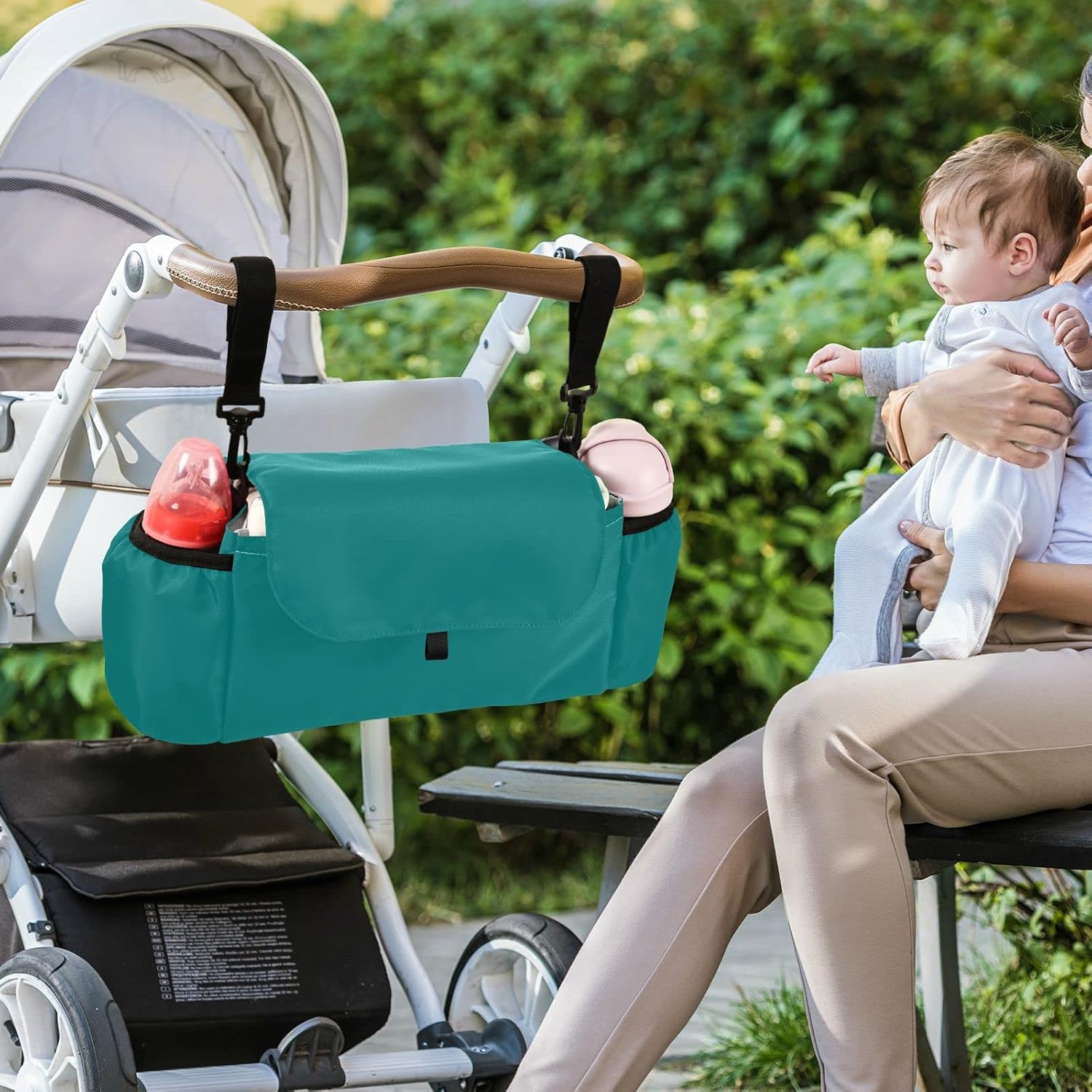 Dark Green Baby Stroller Organizers Universal with 2 Cup Holder and Detachable Shoulder Strap, Large capacity, 17''x6''x6'' 20807