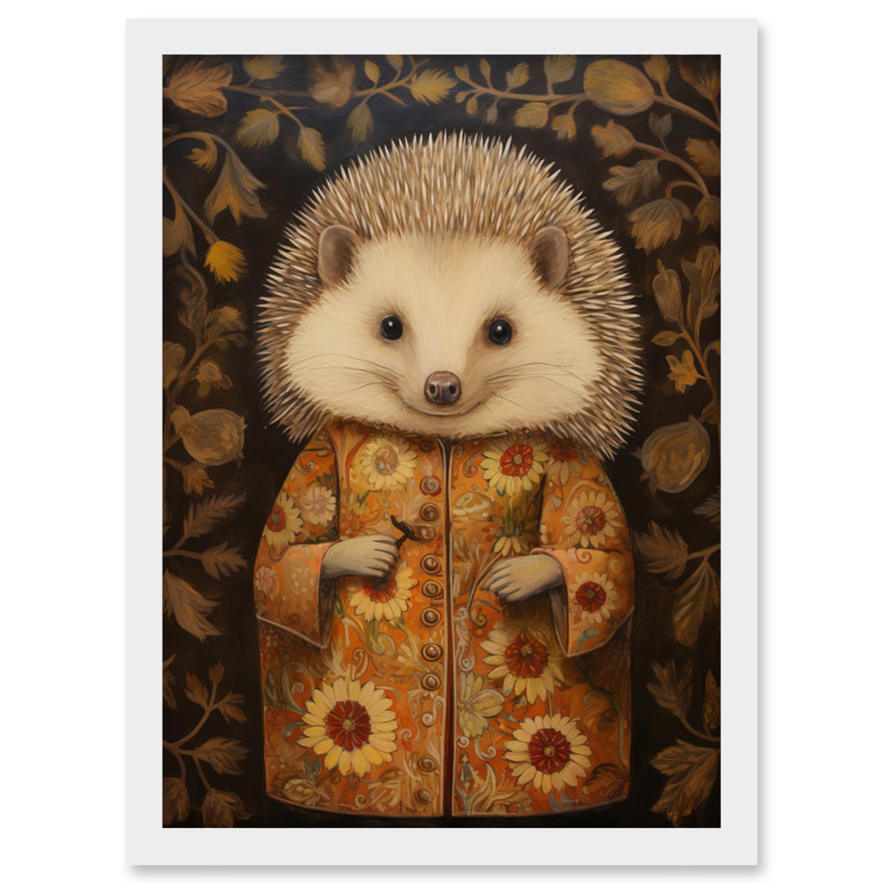 A4 Wall Art Print - Autumn Hedgehog in Sunflower Robe - Modern Artwork Framed