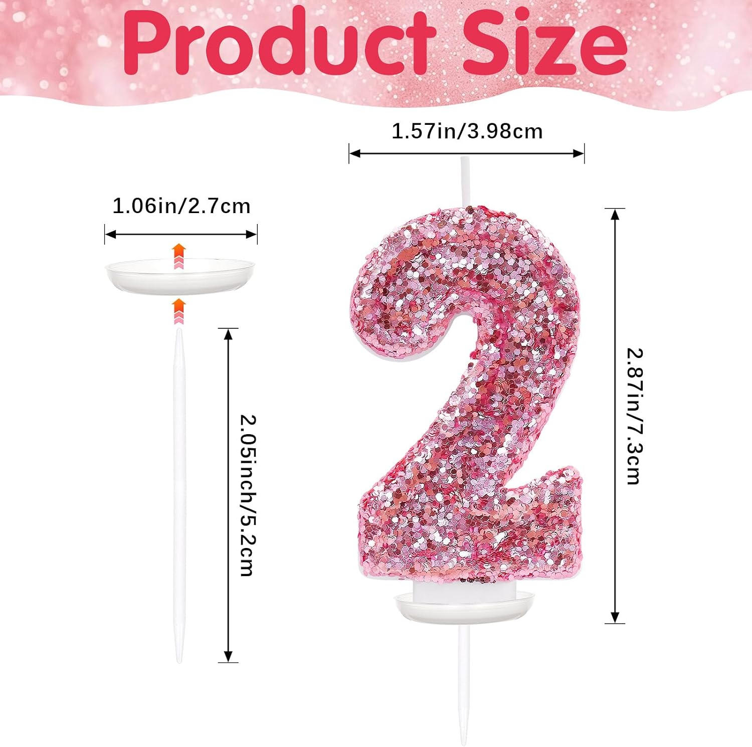 Pink Number 2 Candle Birthday Girl, Glitter Number 2 Candle Cake Topper with Sequins, Princess 2nd Birthday Party Decorations for Wedding, Party Supplies