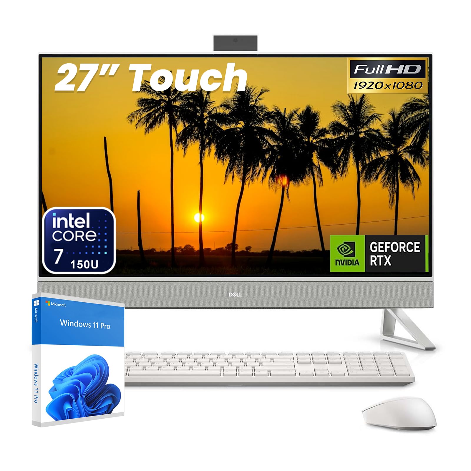 Dell 27" FHD Touchscreen All-in-One Desktop Computer, Intel 10-Core 7-150U (Up to 5.4GHz), NVIDIA GeForce MX570A, 32GB DDR5, 1TB SSD, Windows 11 Pro, Wi-Fi 6E, Wireless KB & Mouse (White) 32 GB 1 TB