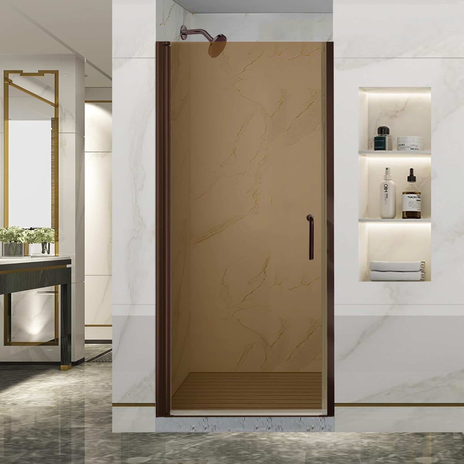 GroGro Bronze Pivot Swing Shower Door, 3233.5" W x 72" H Frameless