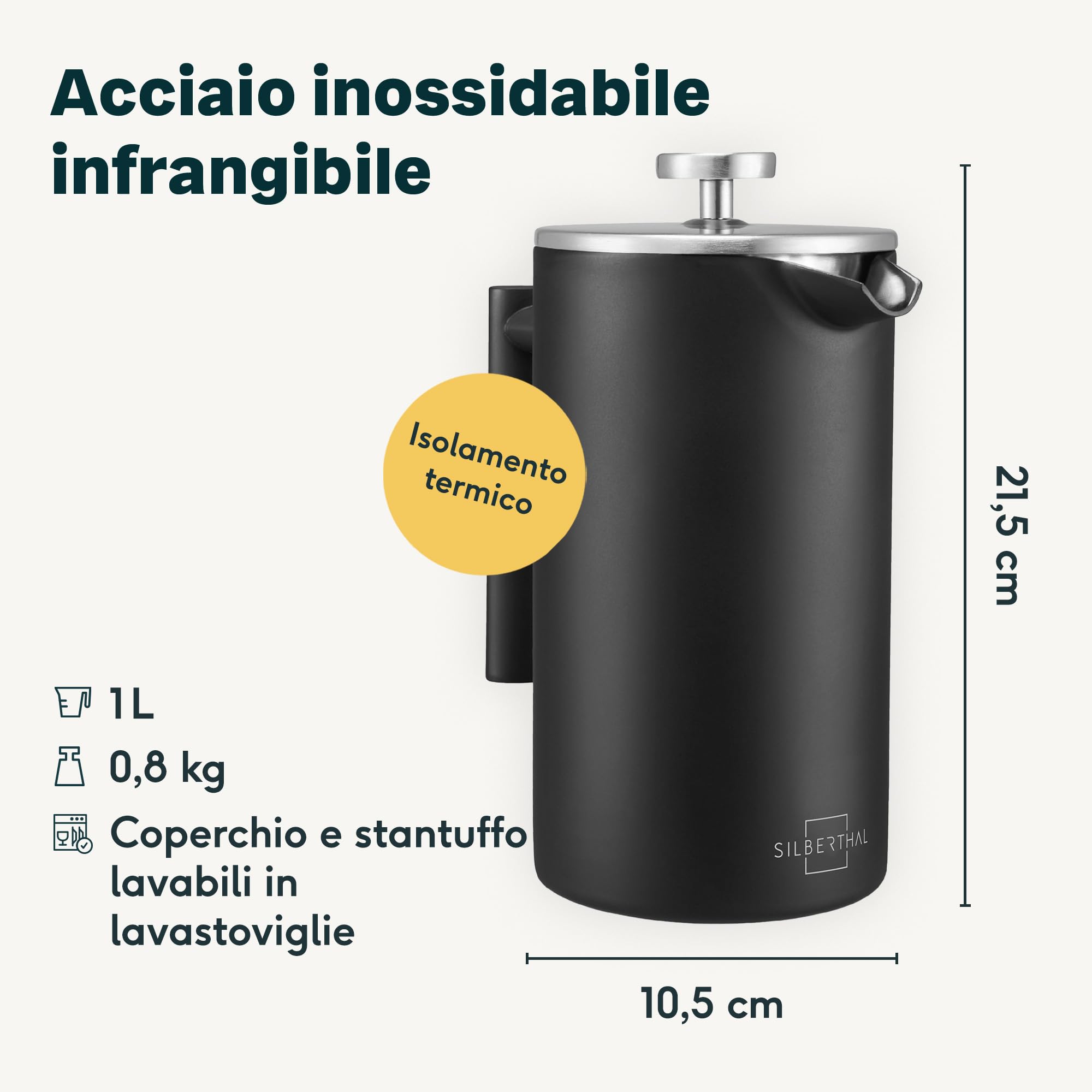 SILBERTHAL Caffettiera a stantuffo 1L - Acciaio inox - French press | Conserva il caffè caldo - Mantiene il caffè caldo - Facile da usare - Staccabile - Grande capacità 1 litro