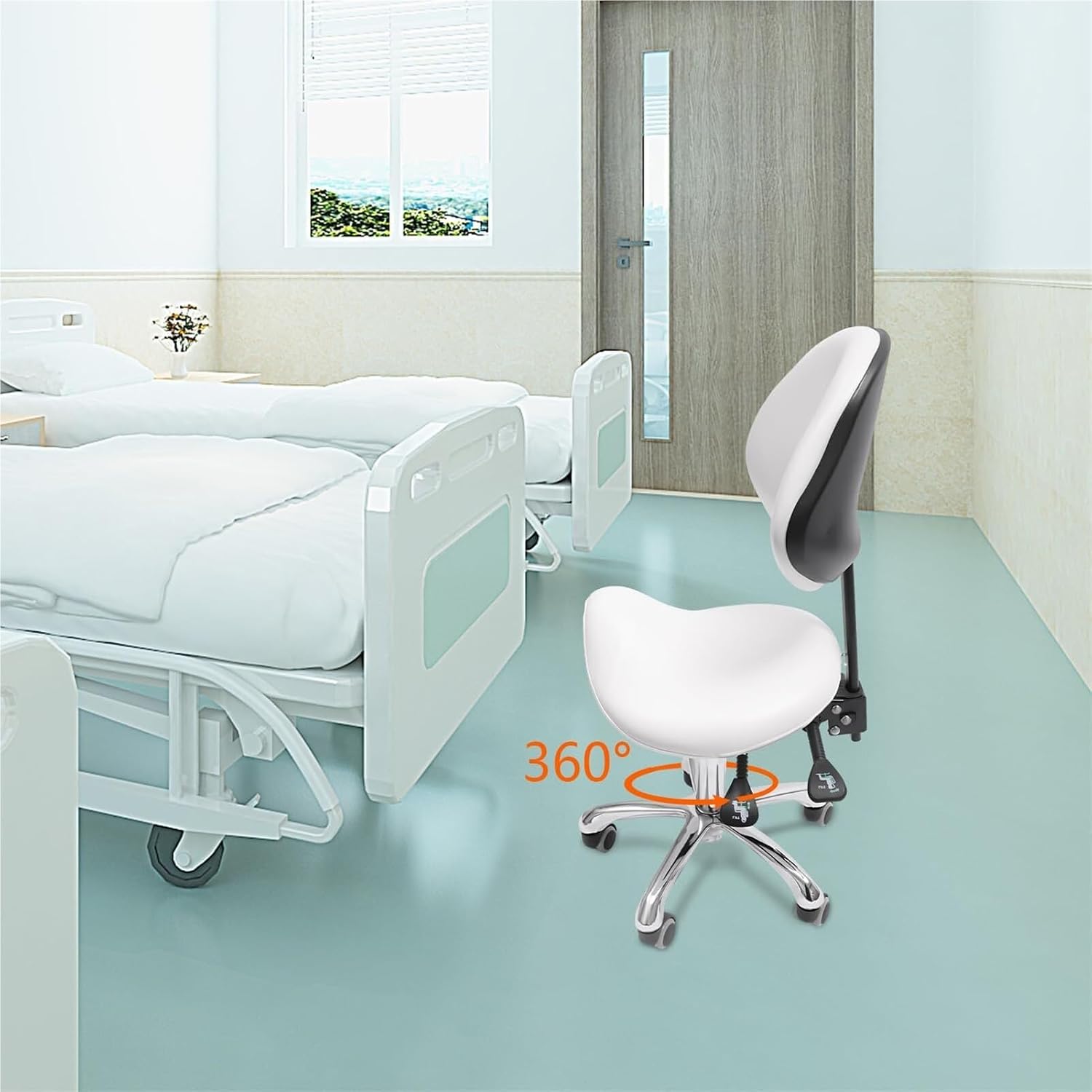 Adjustable Ergonomic Saddle Stool Chair with Back Support for Dental, Spa & Salon - Rolling Swivel Design, Height 49-64 cm, White Hairdresser Seat for Comfort & Mobility