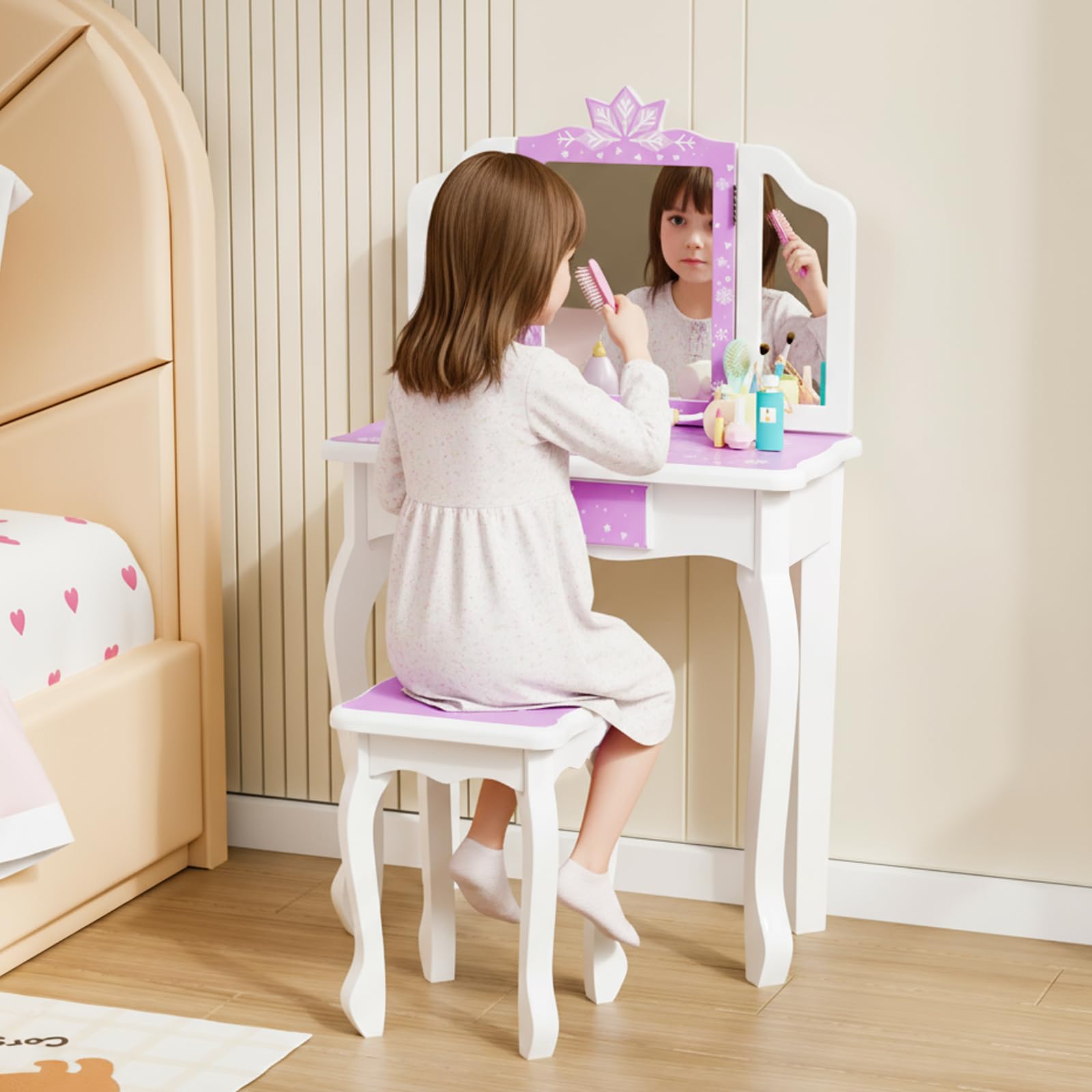 Bonnlo Ensemble Coiffeuse Enfant Fille avec Miroir à Trois Volets, Bureau 2 en 1 Idéal pour Chambre d'enfant, Dimensions 60 x 30 x 98 cm (Violet)