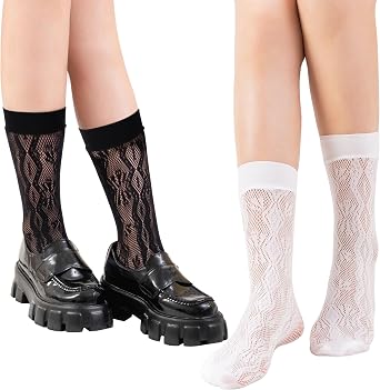 2PCS Womens Lace Socks Ankle Socks Bow Short Socks High Elastane Knee High Stockings Mesh Socks for Women