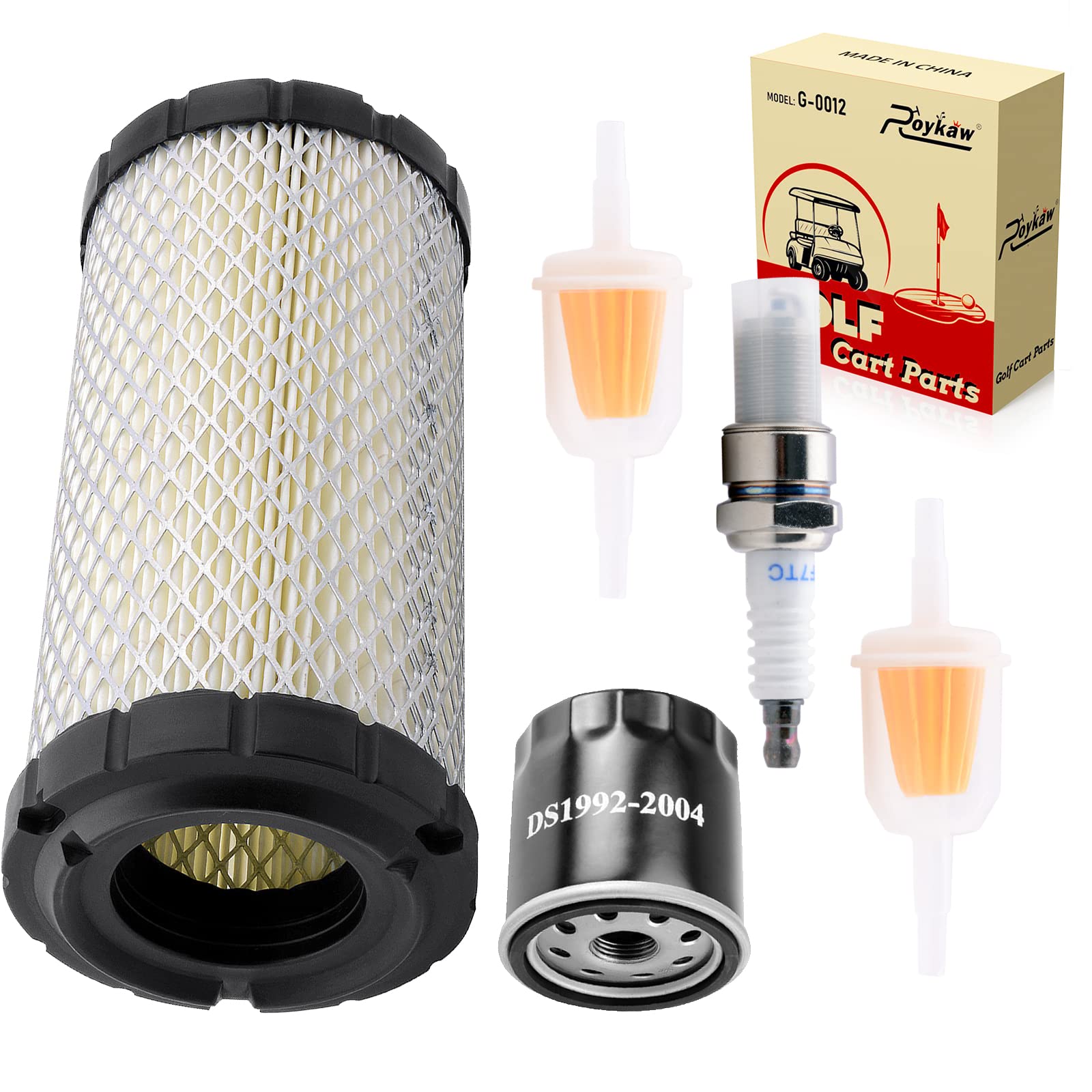 Roykaw Club Car Tune Up Kit for Precedent 2004-up Gas Golf Cart Models with FE350 Kawasaki Motor, Includes Spark Plug, Air/Oil Filter, Fuel Filter
