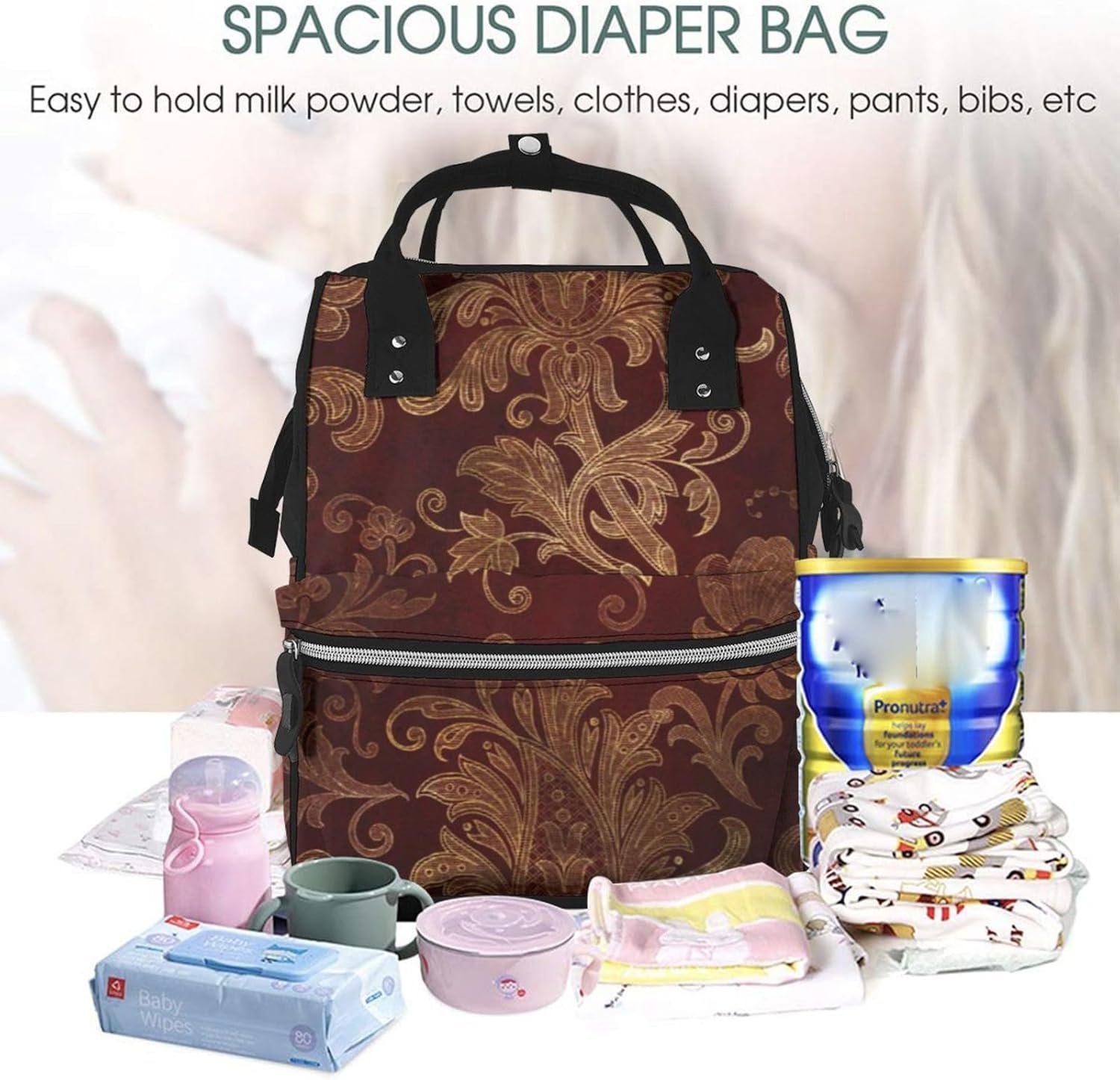 Vintage Red Gold Damask Diaper Bag Backpack for Women, Large Capacity Waterproof Travel Bag with Stroller Straps