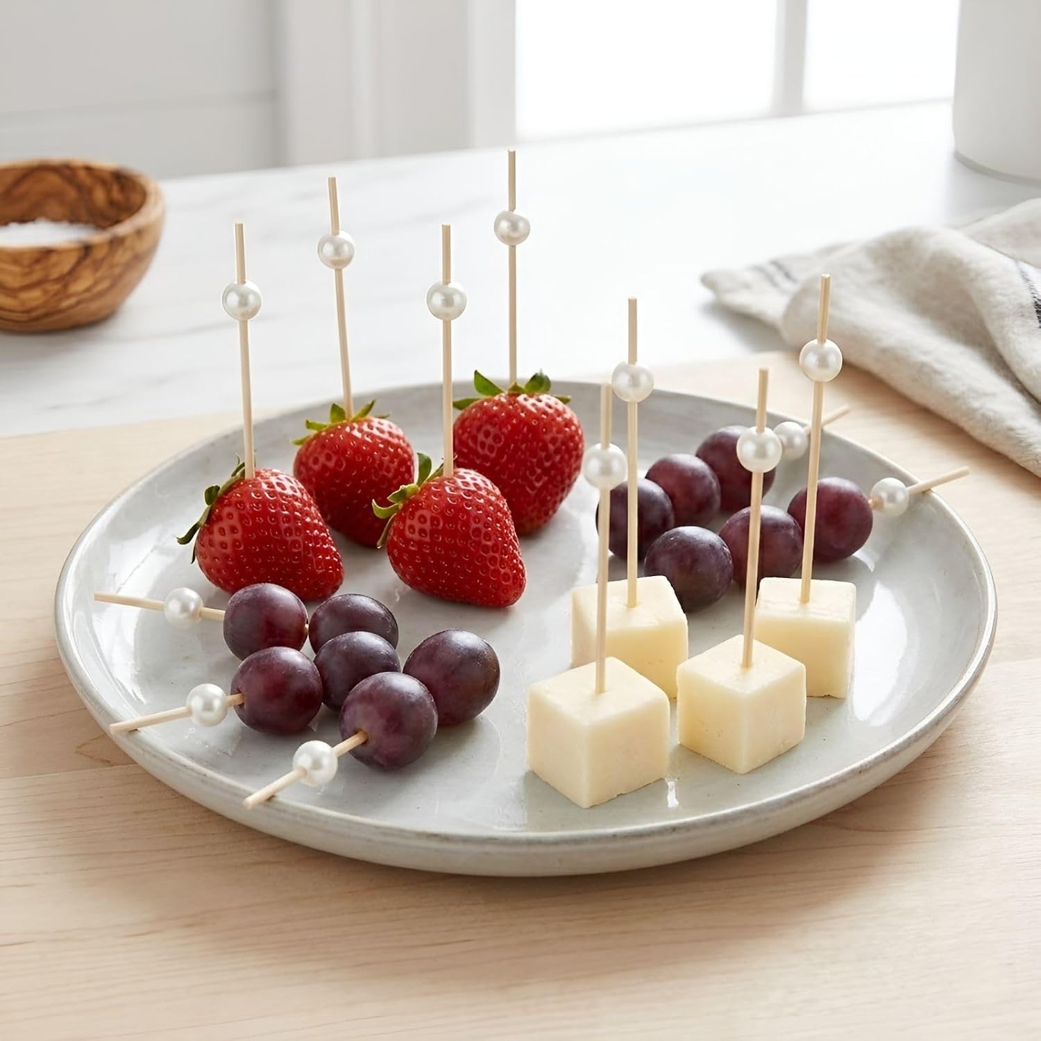 100Pcs 4.7" White Pearl Cocktail Picks, Bamboo Toothpicks Appetizer Skewers