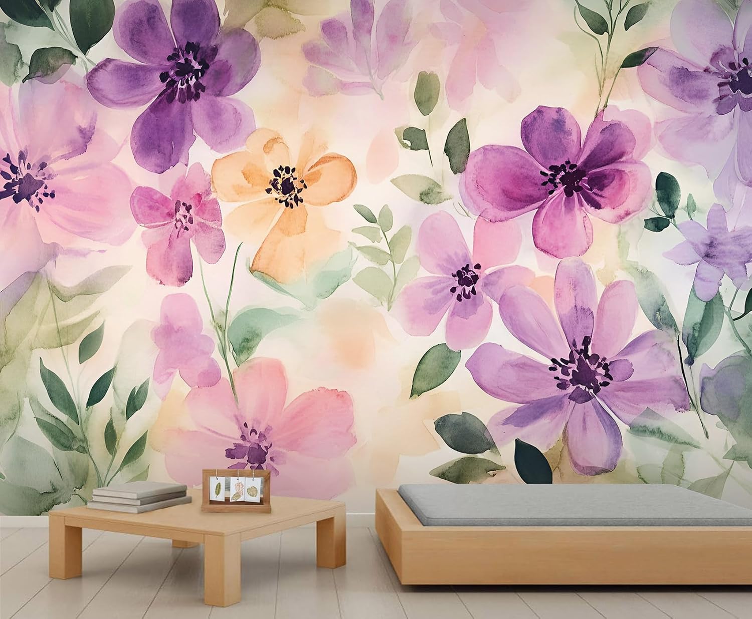 Floral Wall Murals, Watercolor Flower Wallpaper, Nordic Flower Wallpaper for Bedroom Living Room, 3D Printed Background Wall Decor (Not Peel and Stick)