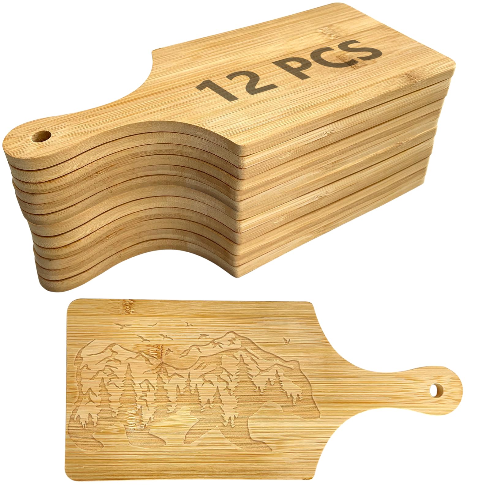 View 1 of 12 PCS 11" x 5" Cutting Board Bulk,Mini Charcuterie Boards,Wood Chopping Board Laser Engraving Serving Board with Handle,DIY Christmas Wedding Housewarming Gift Cooking Decor