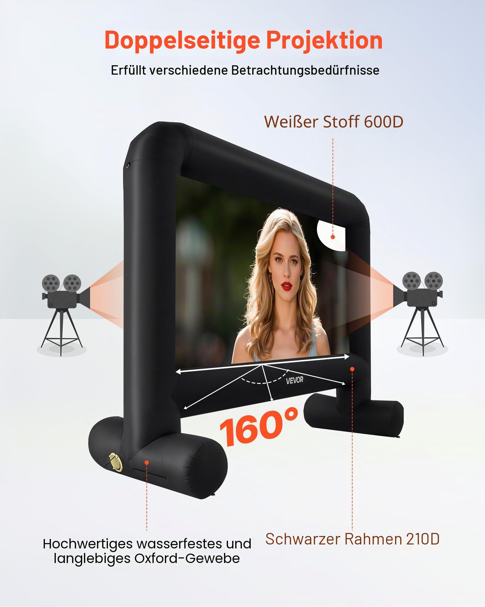 VEVOR aufblasbare Filmleinwand Projektion Beamer Leinwand aus 600D, Projektionsleinwand mit tragbarer Aufbewahrungstasche, 16:9, Filmprojektion für Heimkino Mottoparty Poolspaß (354 x 130 x 290 cm)