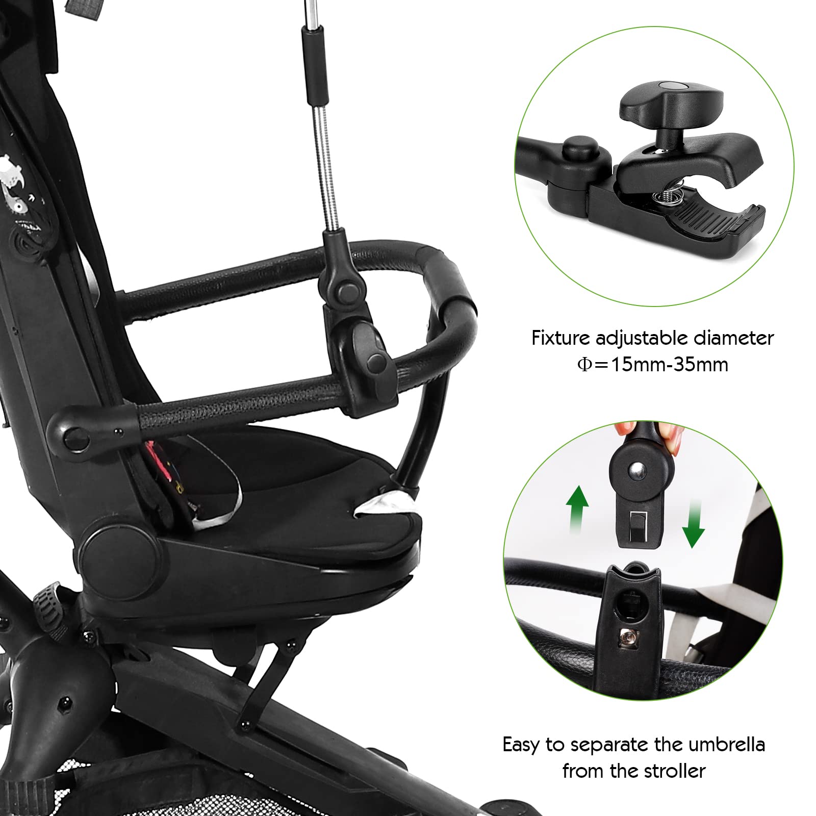 Ombrellino Parasole Universale, Ombrellino per Passeggino e Carrozzina, Protezione Anti UV 50+, Diametro 78 cm, con Supporto Universale, Fissaggio per Tubo Rotondo o Ovale, Nero