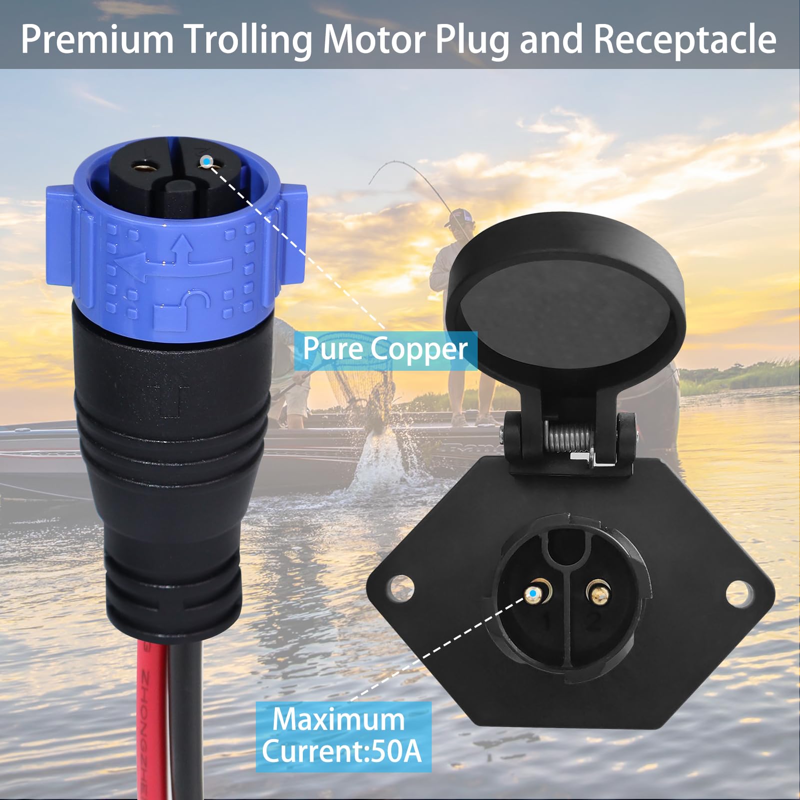 Enchufe y receptáculo de motor de arrastre de 50 A para barco marino Minn Kota, enchufe de motor de arrastre de 12 V/24 V/26 V/48 V, conexión rápida, macho y hembra, calibre 8, 2 cables