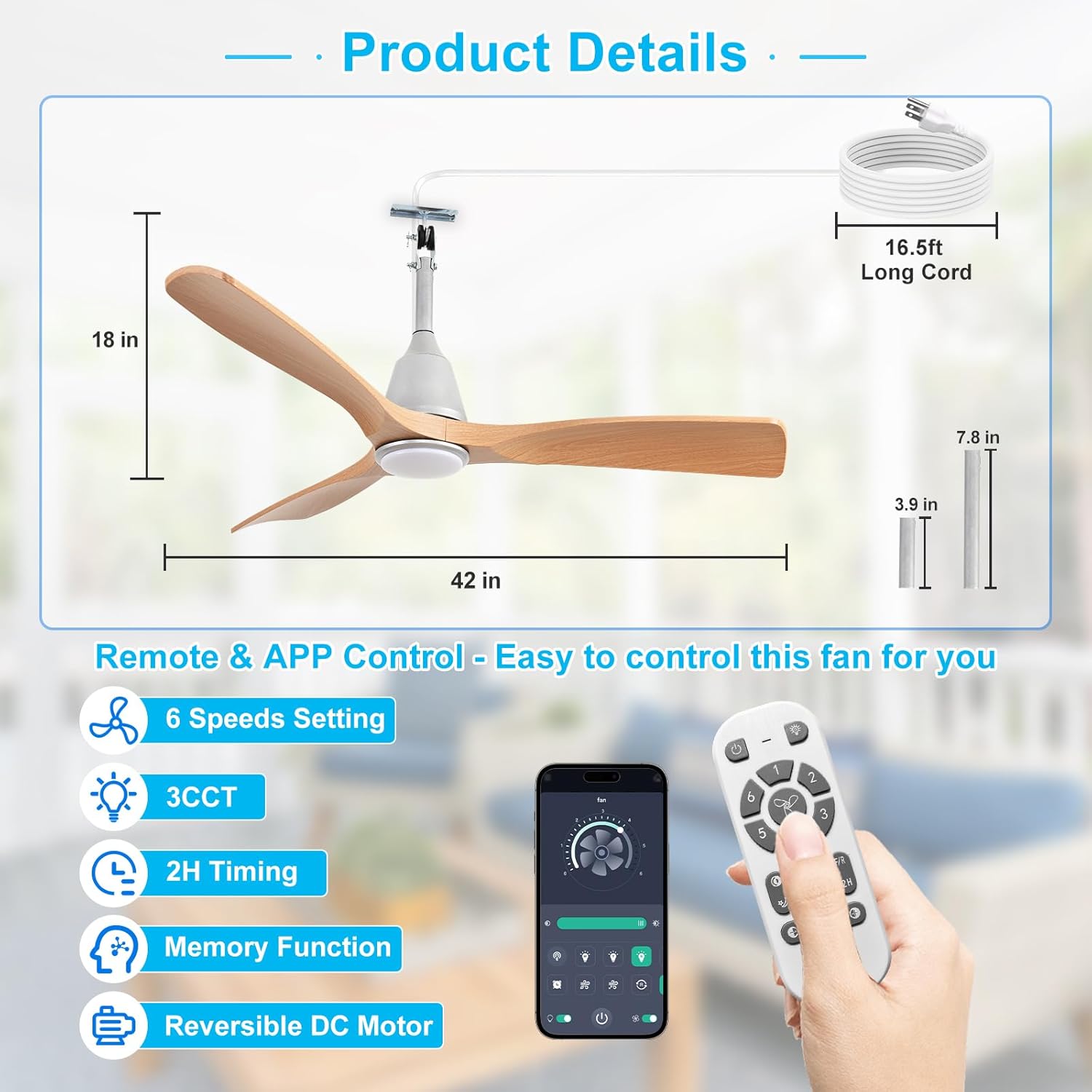 Depuley Outdoor Ceiling Fan with Lights: 42" Silver Gazebo Fans Outdoor Hanging with Remote APP Control - Plug in Waterproof Fans with Light for Patio Porch Reversible Wood Blades 3CCT 6 Speeds Timer - Image 5