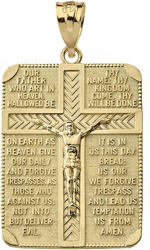 Solid 10k Gold Religious Lord's Prayer and Crucifix Cross Rectangular Tag Pendant