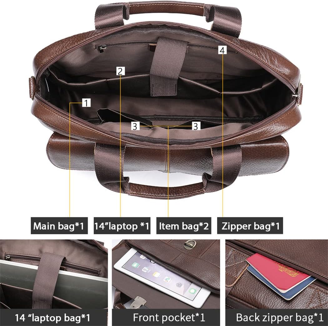 Men's Briefcase Genuine Leather Laptop Bag 14'' Business Tote Document Office Portable Laptop Shoulder Bags