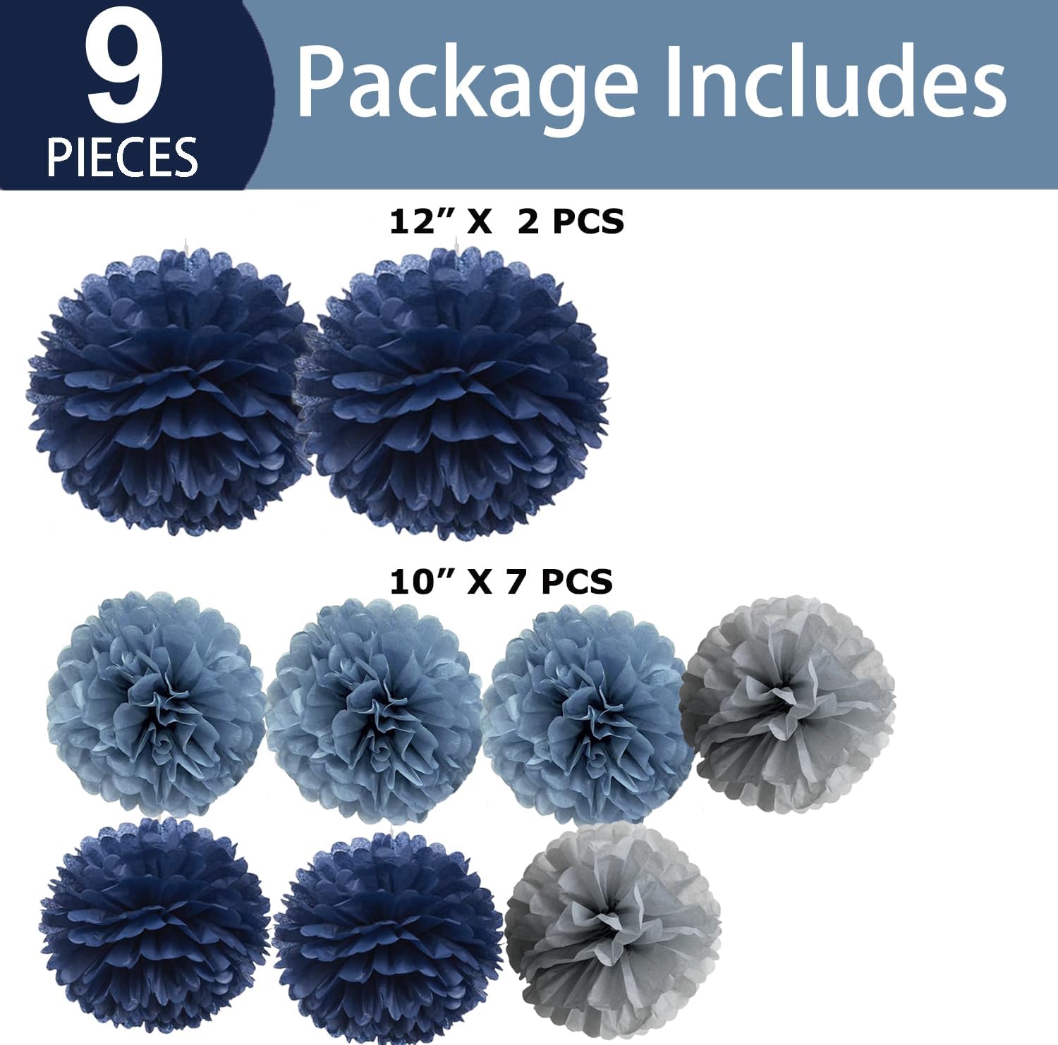 Navy Dusty Blue and Gray Hanging Paper Flowers Tissue Pom Poms Party Decorations Wall Backdrop for Baby Boy Shower, Birthday, Wedding, Bachelorette, Nautical Party Supplies, 9-Pack