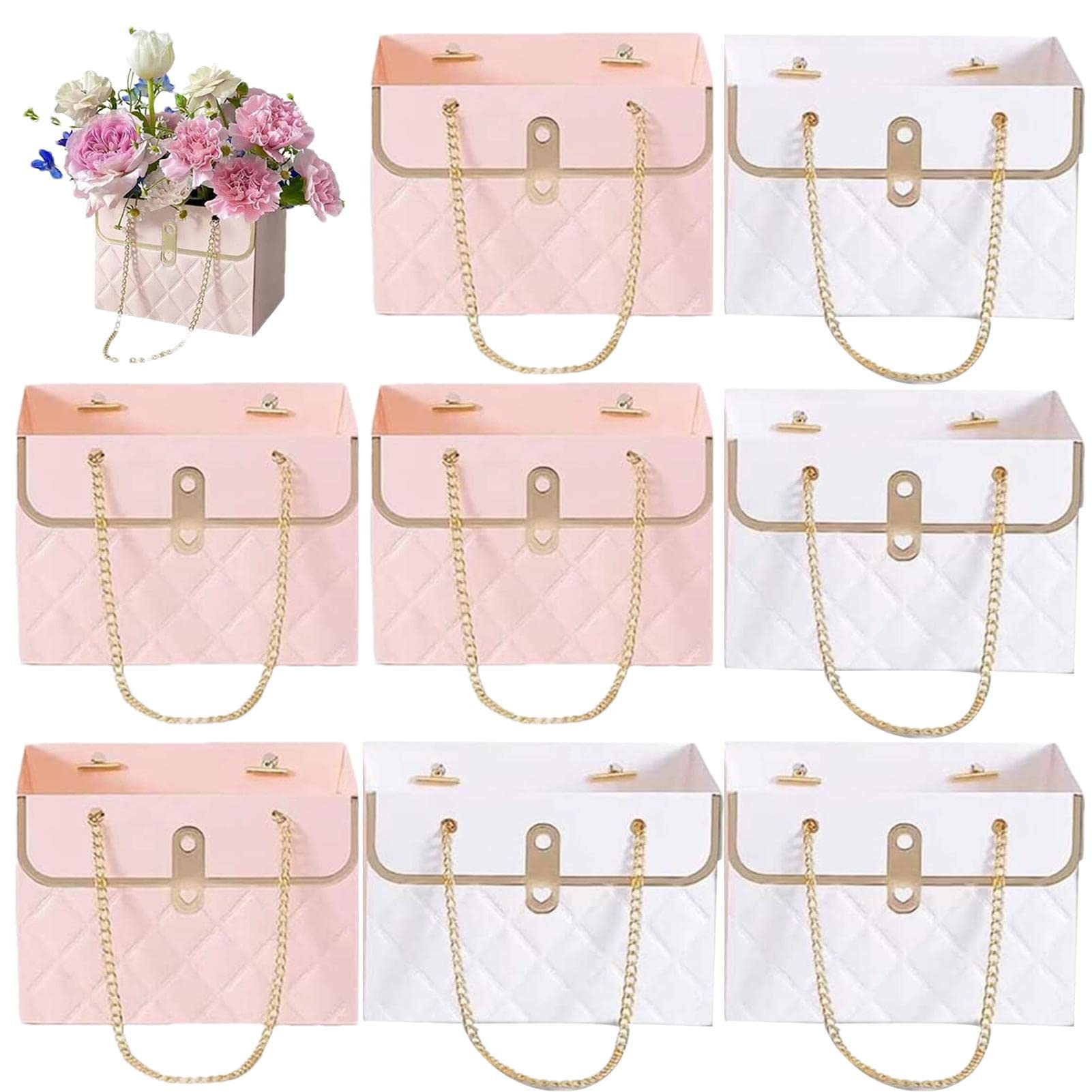 Pomurom 4Pcs White & 4Pcs Pink 8 Flower Paper Box Bouquet, Flower Bags For Bouquets, Boxes For Flower Arrangements, Flower Bouquet Boxes Florist Packaging Craft Box Vase For Wedding Graduation Decor