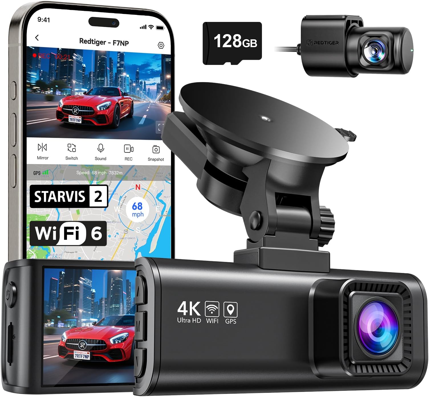 REDTIGER 4K Dash Cam Front and Rear, Fastest 5.8GHz Wi-Fi6 Dashcam with 128GB SD Card, STARVIS 2 Ultra Night Vision Dash Camera, 3.18” Screen, 170°Wide Angle, 24H Parking Mode, Max 512GB(F7NP)