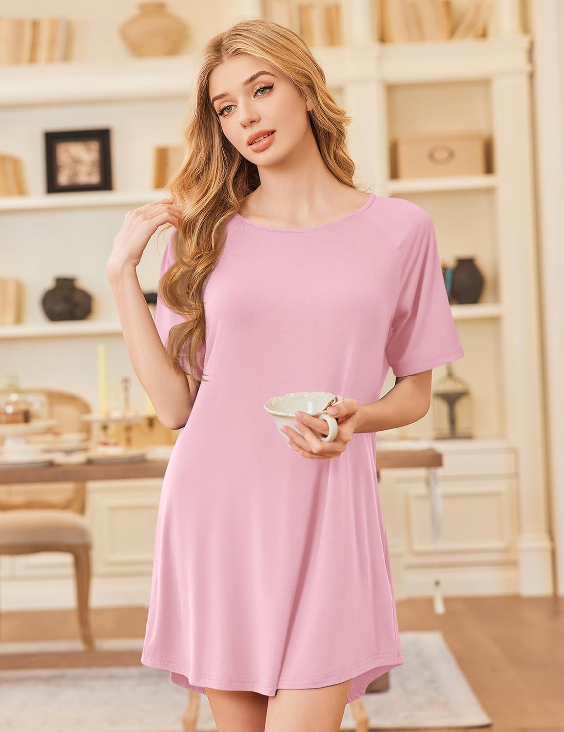 Ekouaer Nightgowns for Women 2 Pack Bamboo Viscose Sleep Shirts Short Sleeve Nightshirt Comfy Sleepdress Soft Sleepwear - Image 5