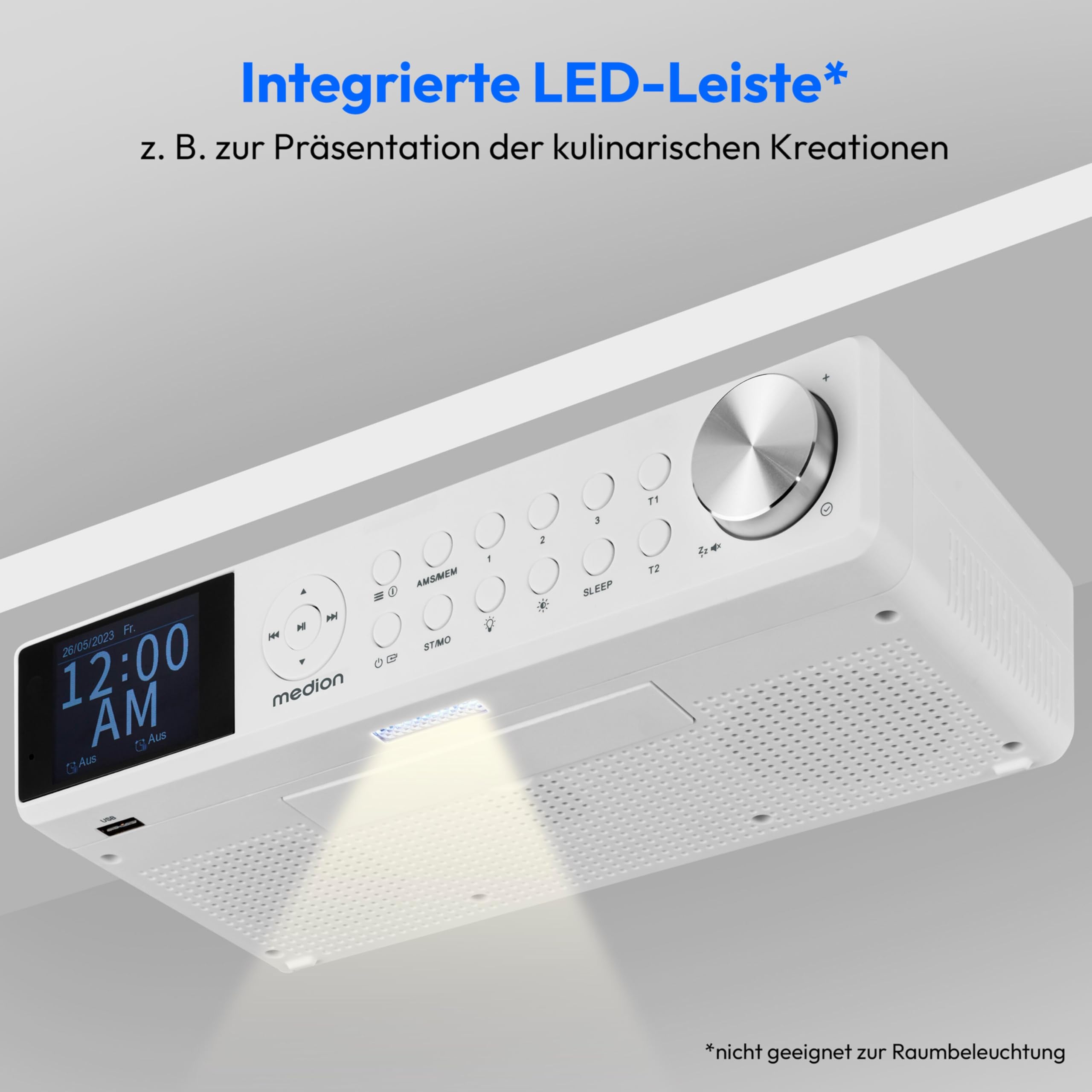 MEDION P66750 Küchen Unterbauradio (DAB+ Küchenradio, PLL UKW Radio, dimmbares TFT Farbdisplay, Koch Timer, Bluetooth, LED Leiste, inkl. Montagematerial) weiß