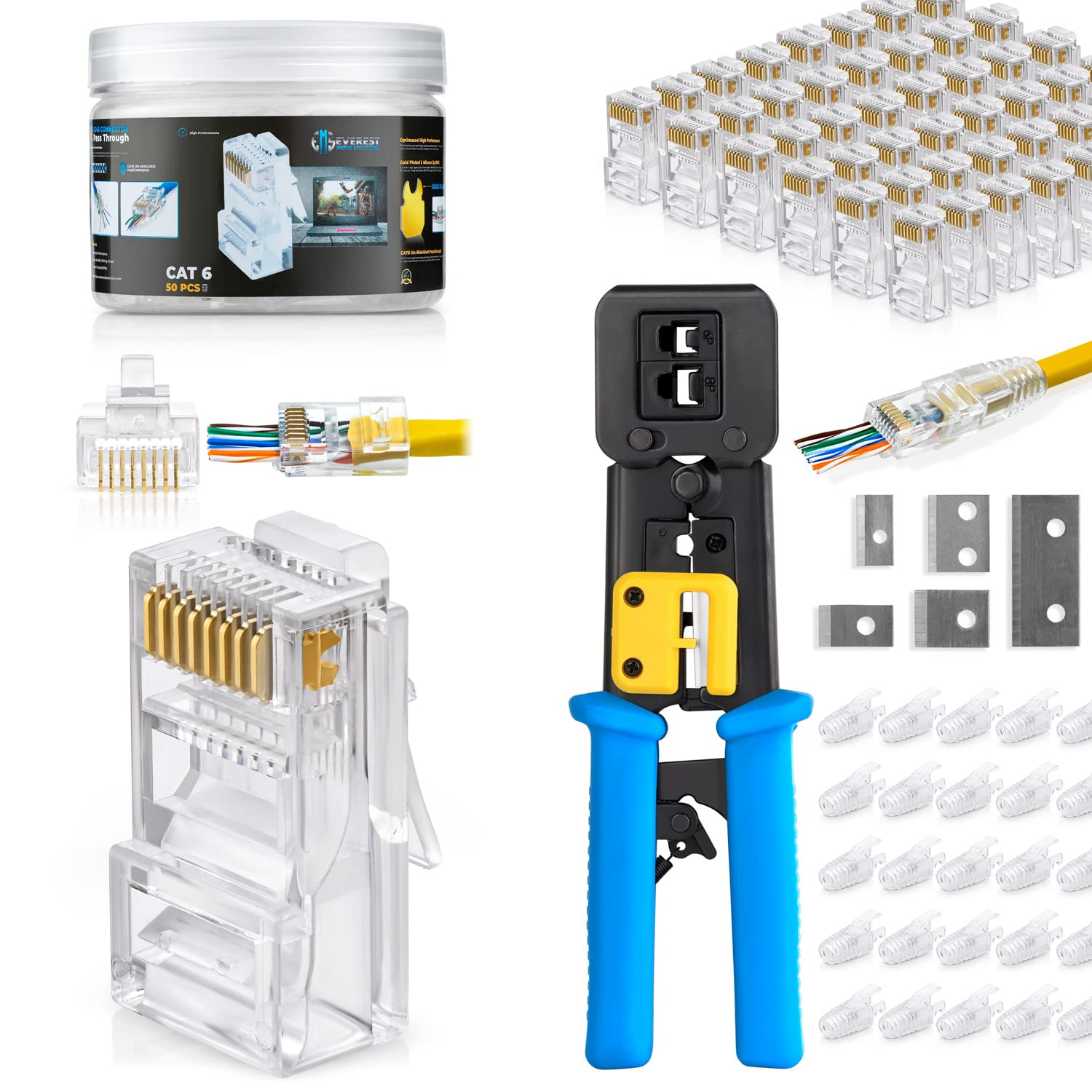 Bundle - 2 Items : RJ45 Crimping Tool Kit + RJ45 Cat6 Pass Through Connectors - Pack of 50