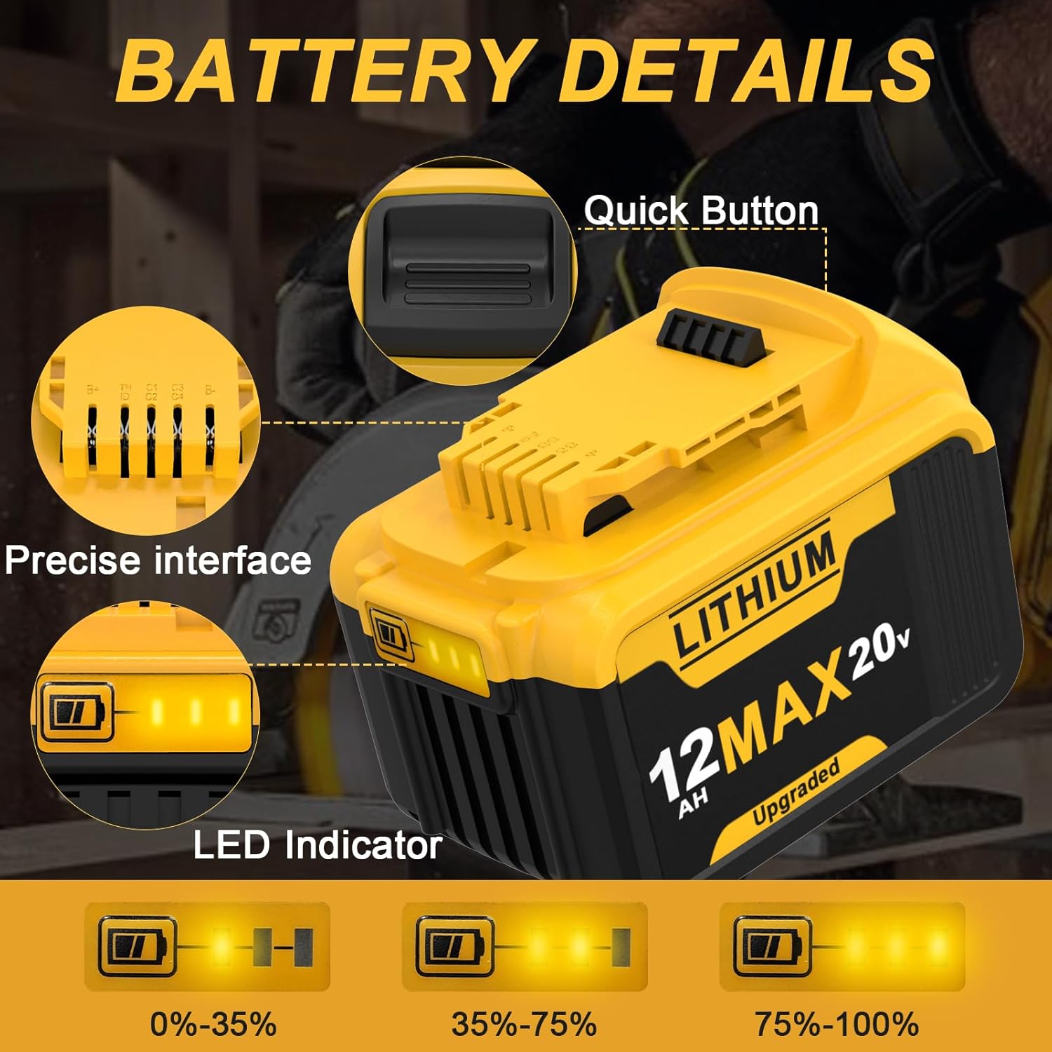Upgrade 2 Packs 12Ah 20V Replacement for Dewalt 20V Max Battery Lithium Ion Compatible with 20 Volt Cordless Power Tools, LED Indicator - Image 3