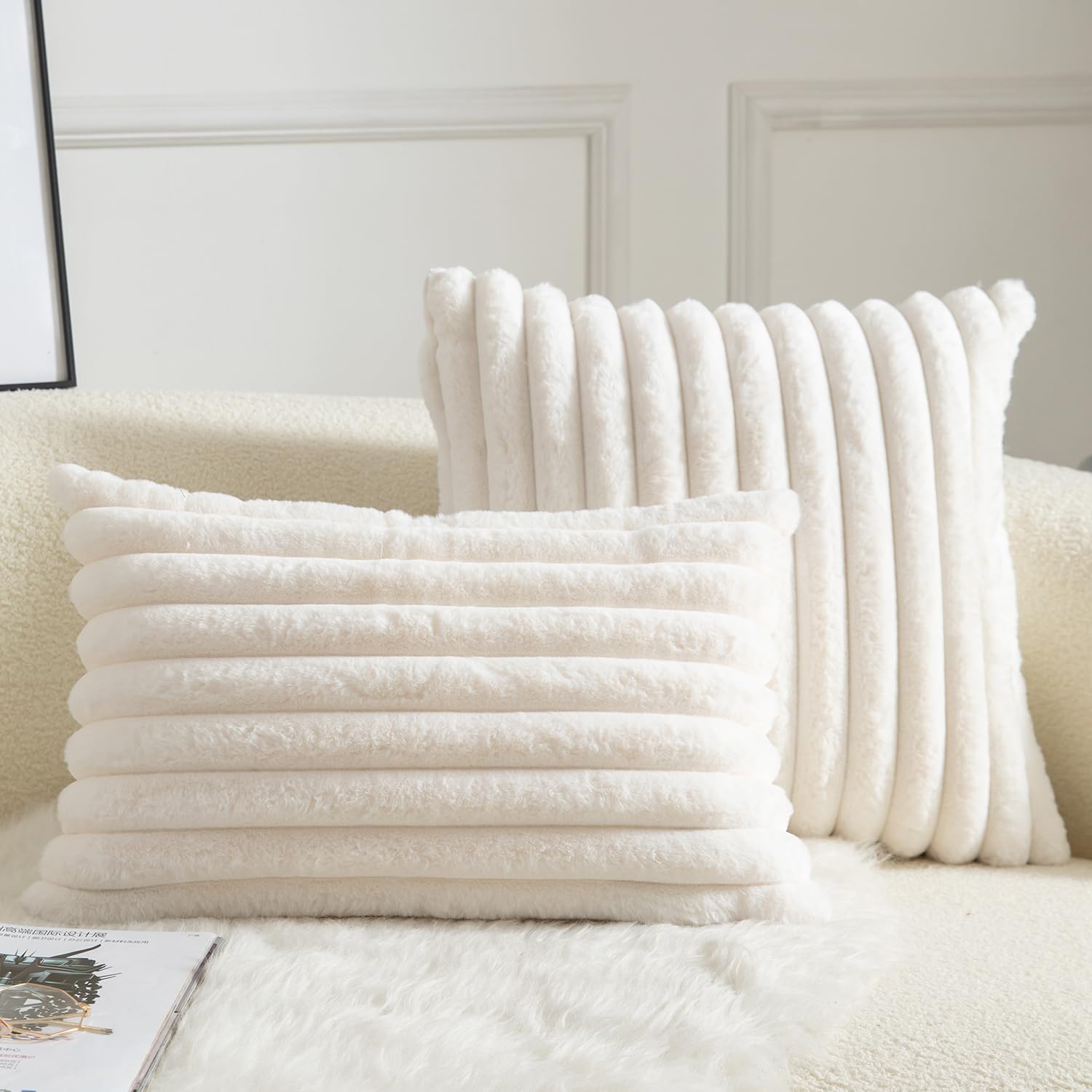 Mandioo Pack of 2 Decorative Cushion Covers 30cm x 50cm Faux Fur Striped Plush Soft Throw Pillow Covers Pillow Cases Bedroom Living Room Sofa Home 12x20 Inch Cream White - Image 4